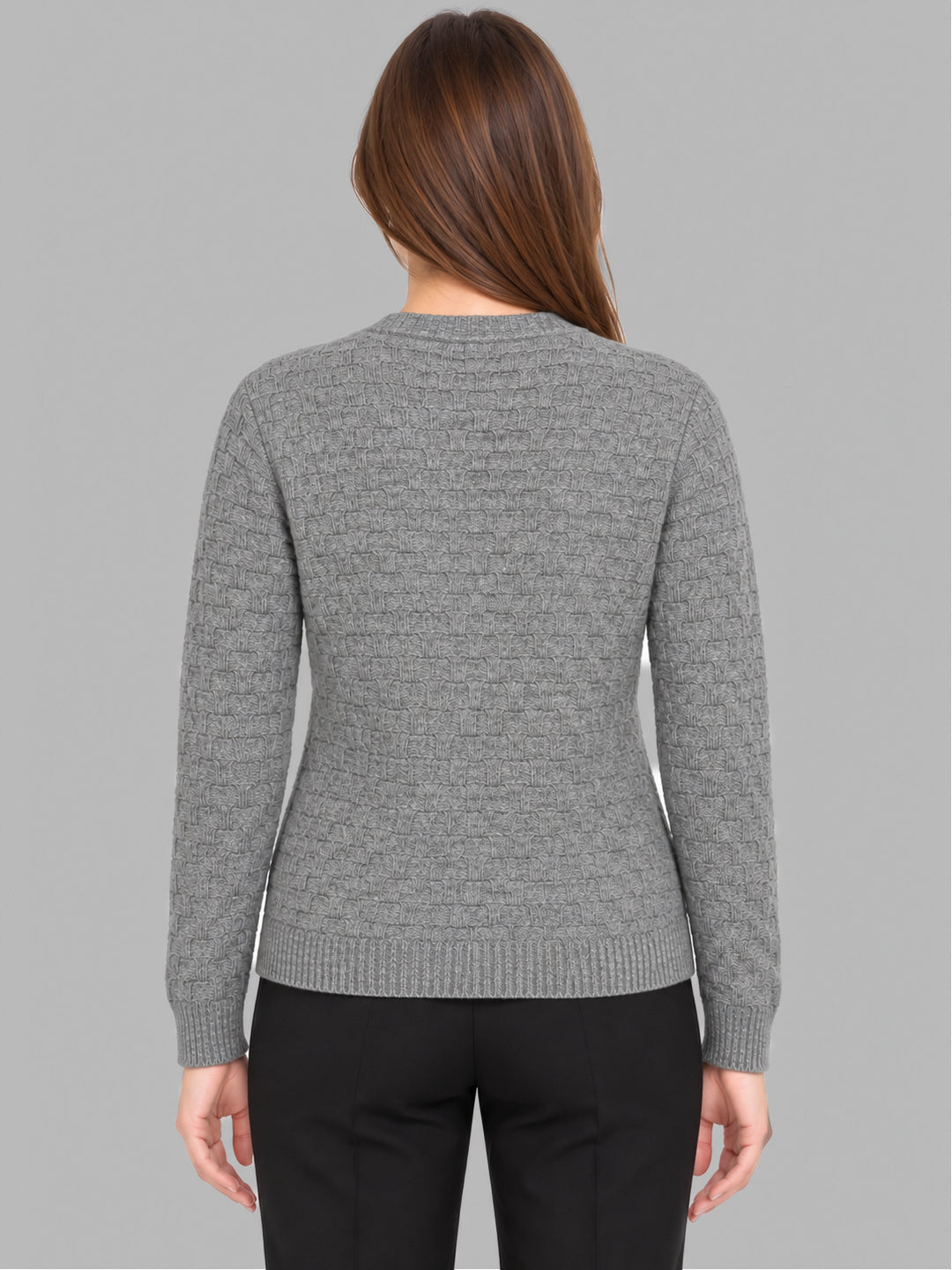 Women Grey Self Design V Neck Full Sleeve Cardigan