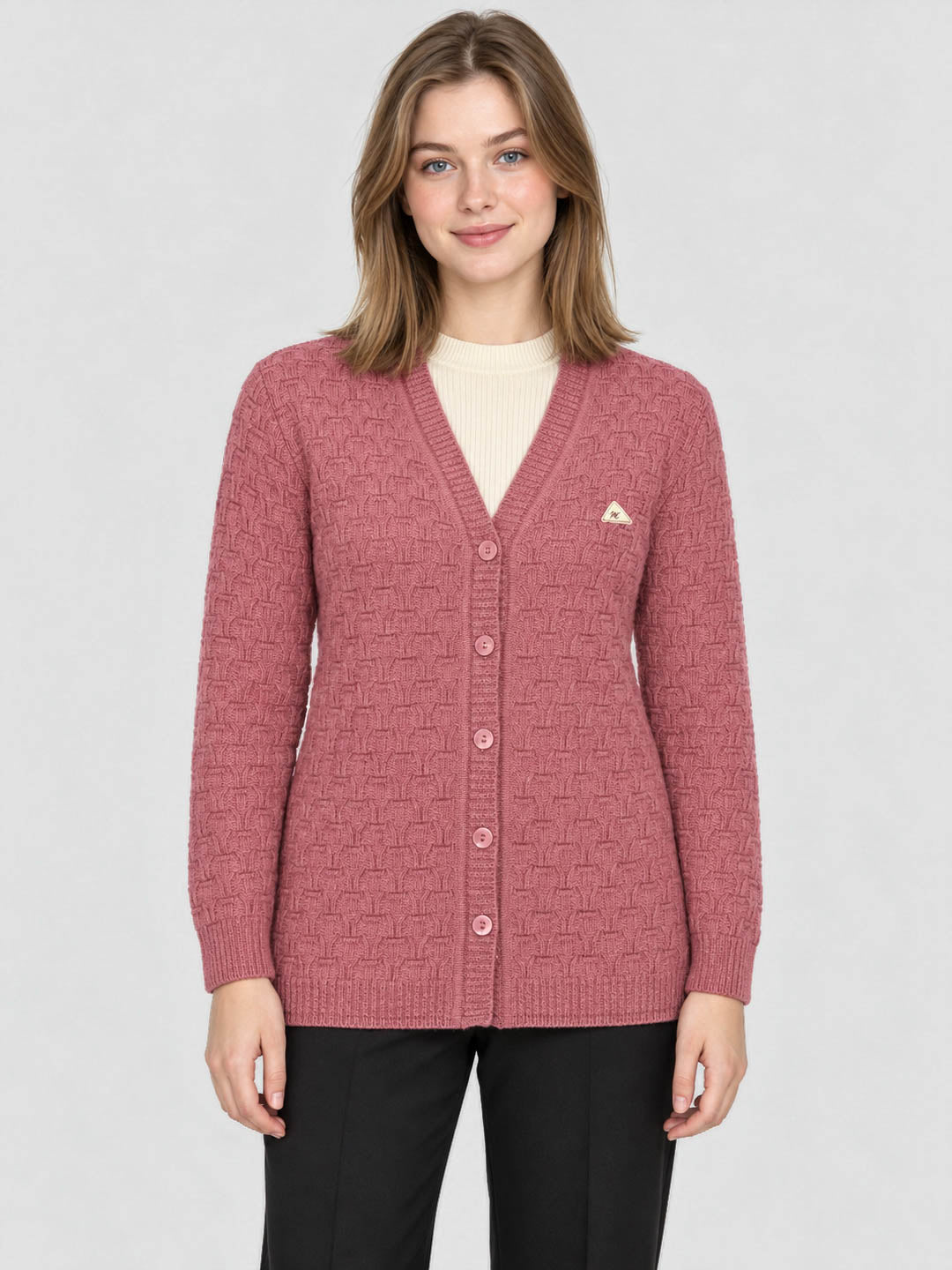 Women Pink Self Design V Neck Full Sleeve Cardigan