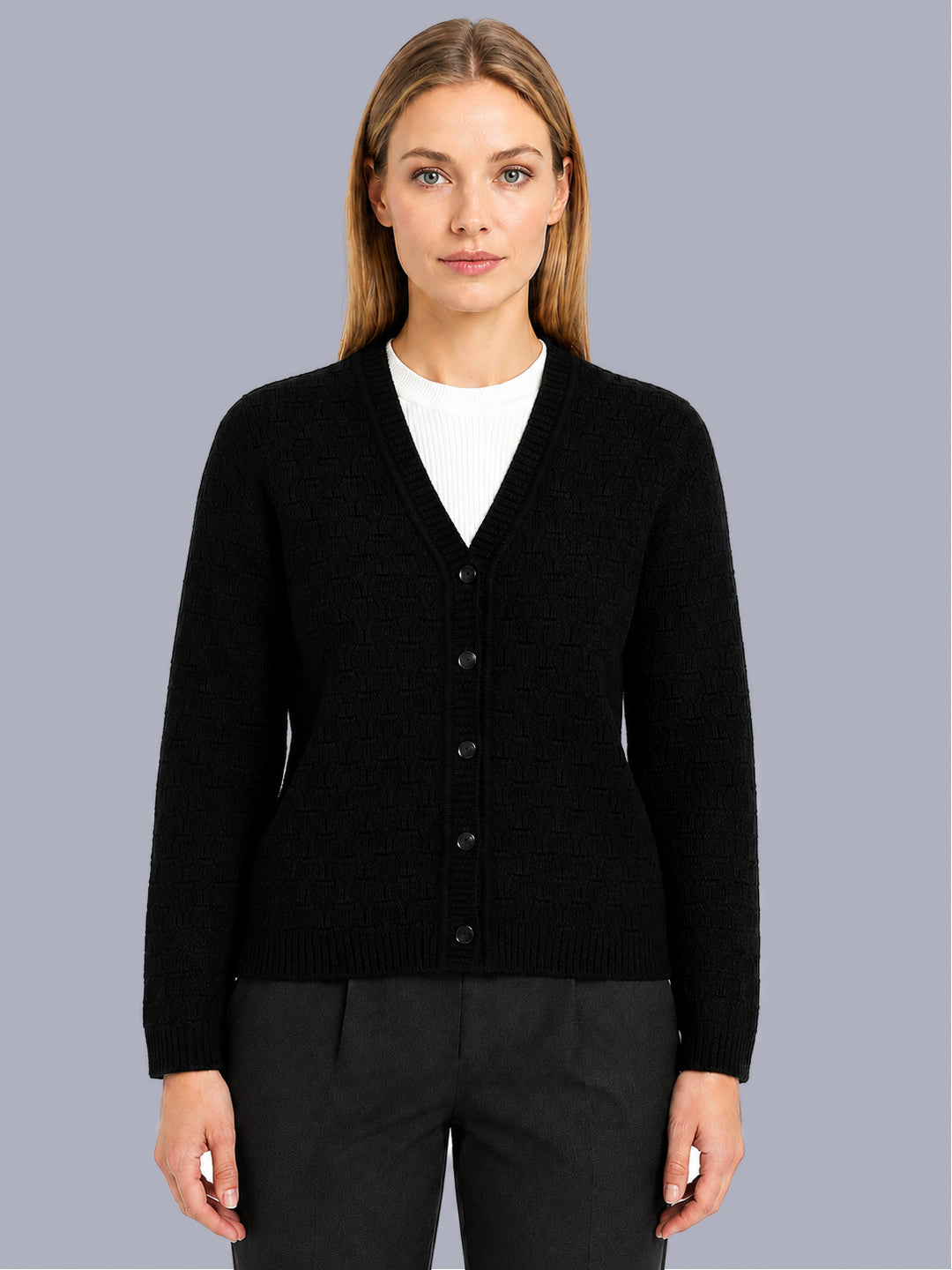 Women Black Self Design V Neck Full Sleeve Cardigan