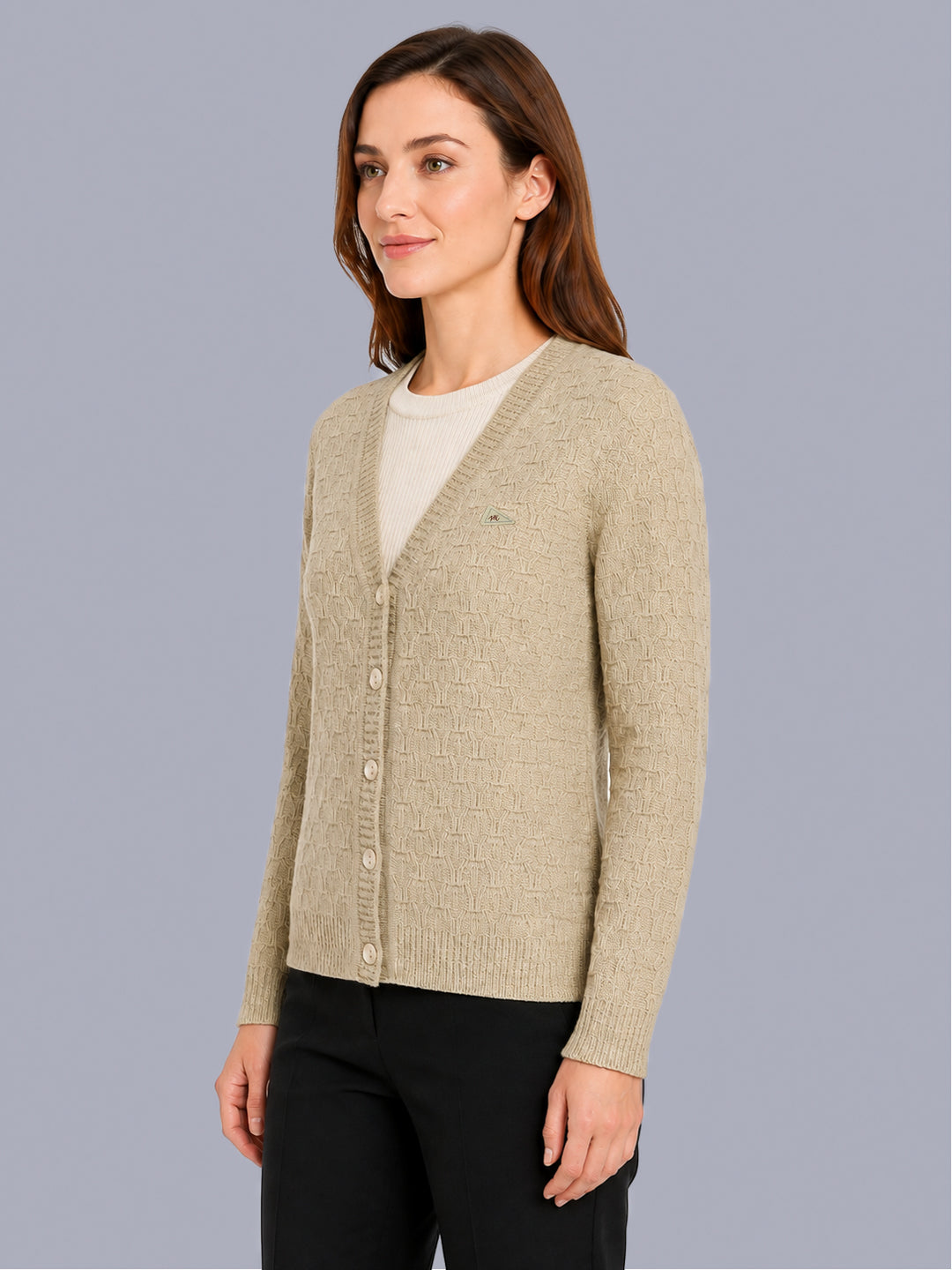 Women Camel Brown Self Design V Neck Full Sleeve Cardigan