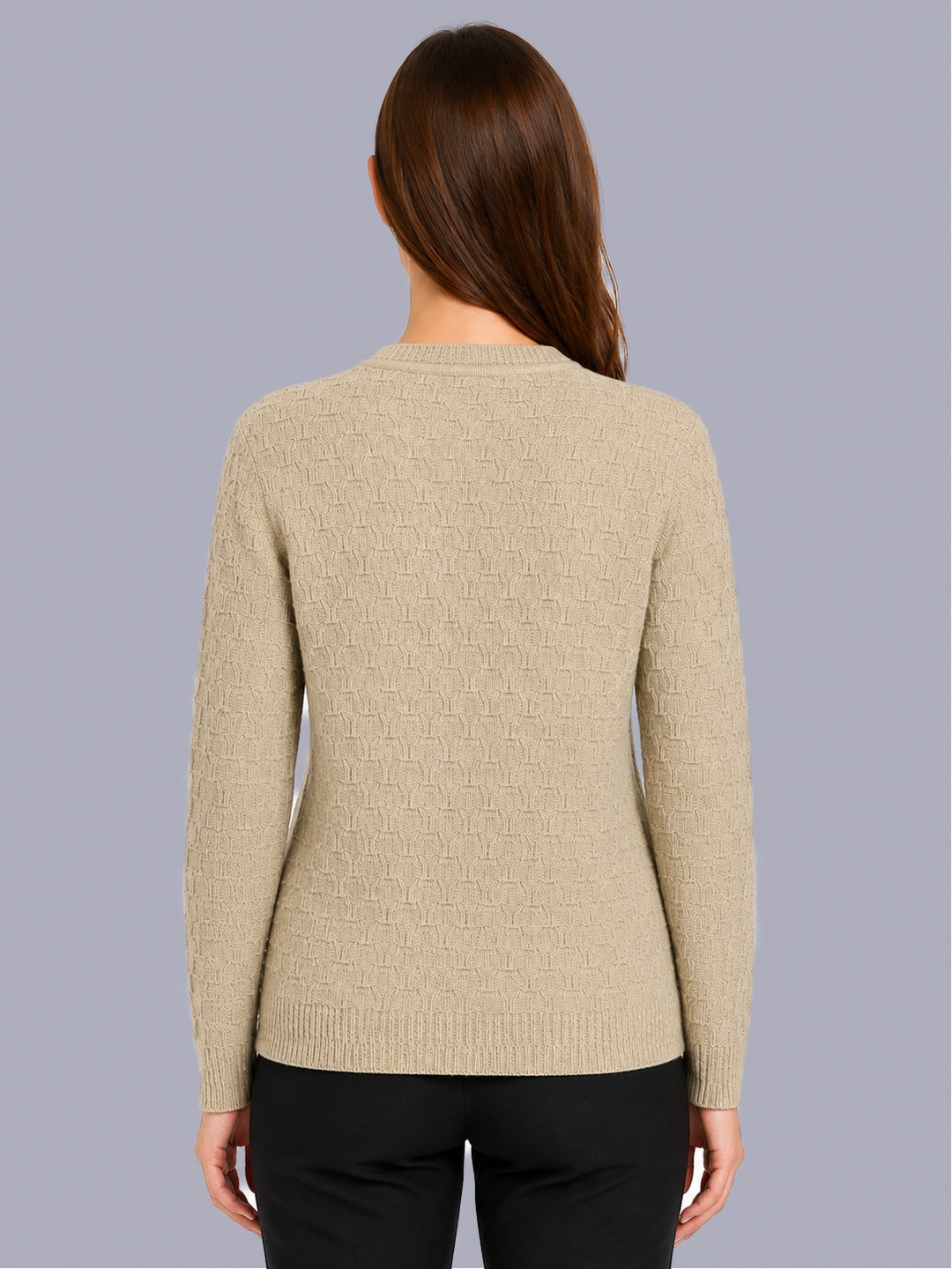 Women Camel Brown Self Design V Neck Full Sleeve Cardigan