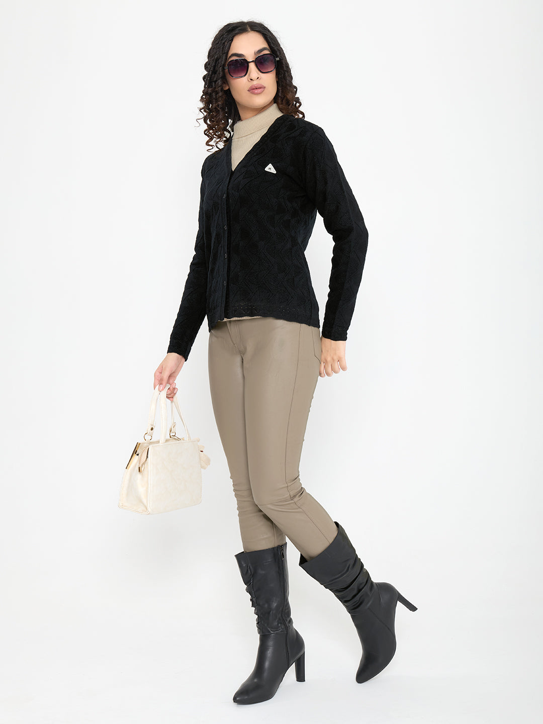 Women Black Self Design V Neck Full Sleeve Cardigan