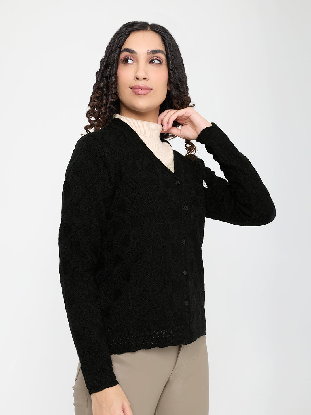 Women Black Self Design V Neck Full Sleeve Cardigan