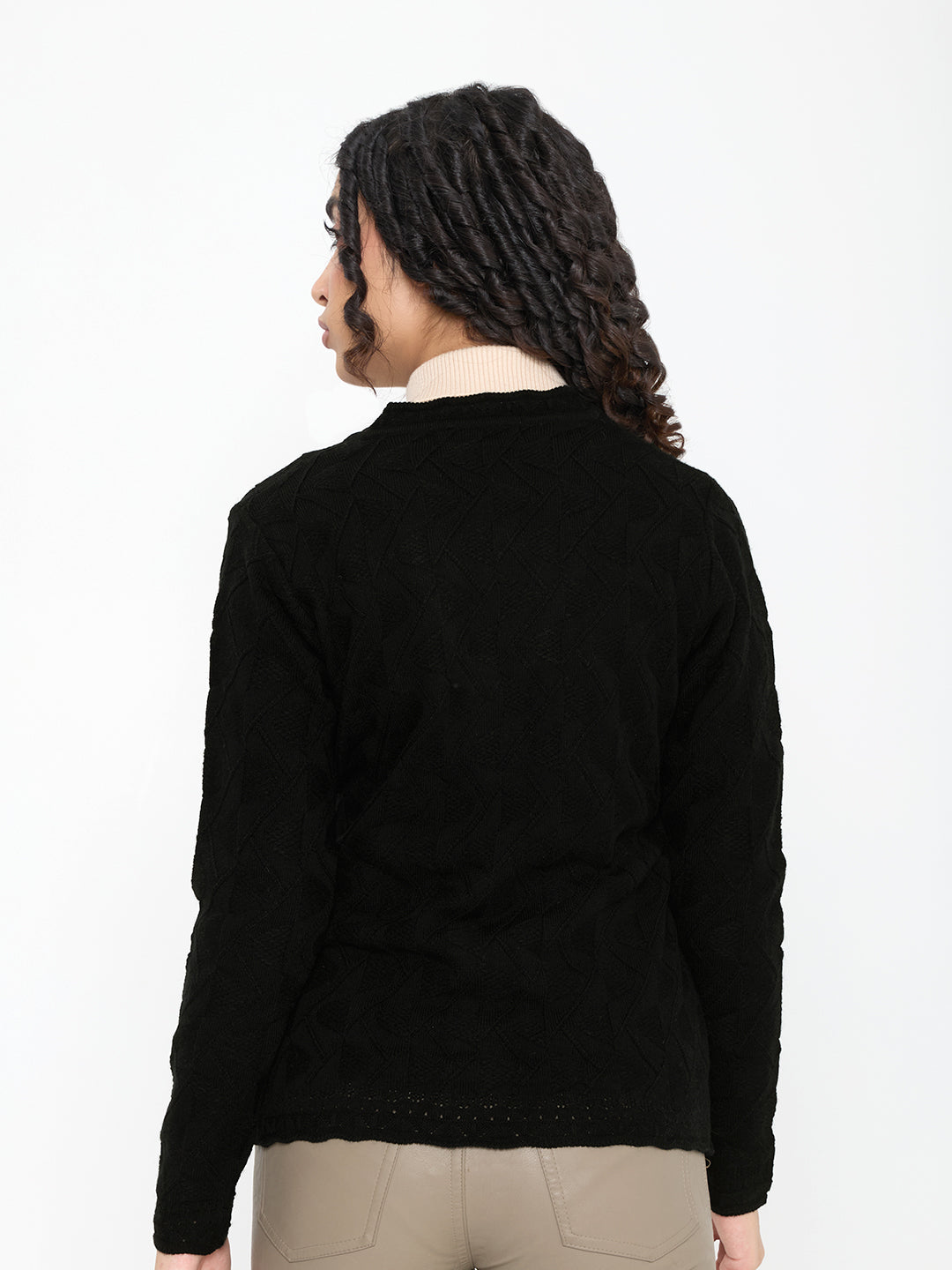 Women Black Self Design V Neck Full Sleeve Cardigan