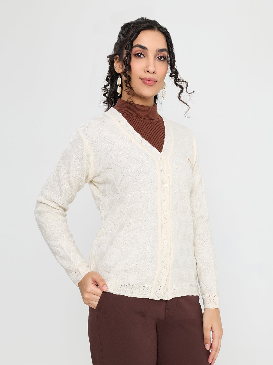 Women Cream Self Design V Neck Full Sleeve Cardigan