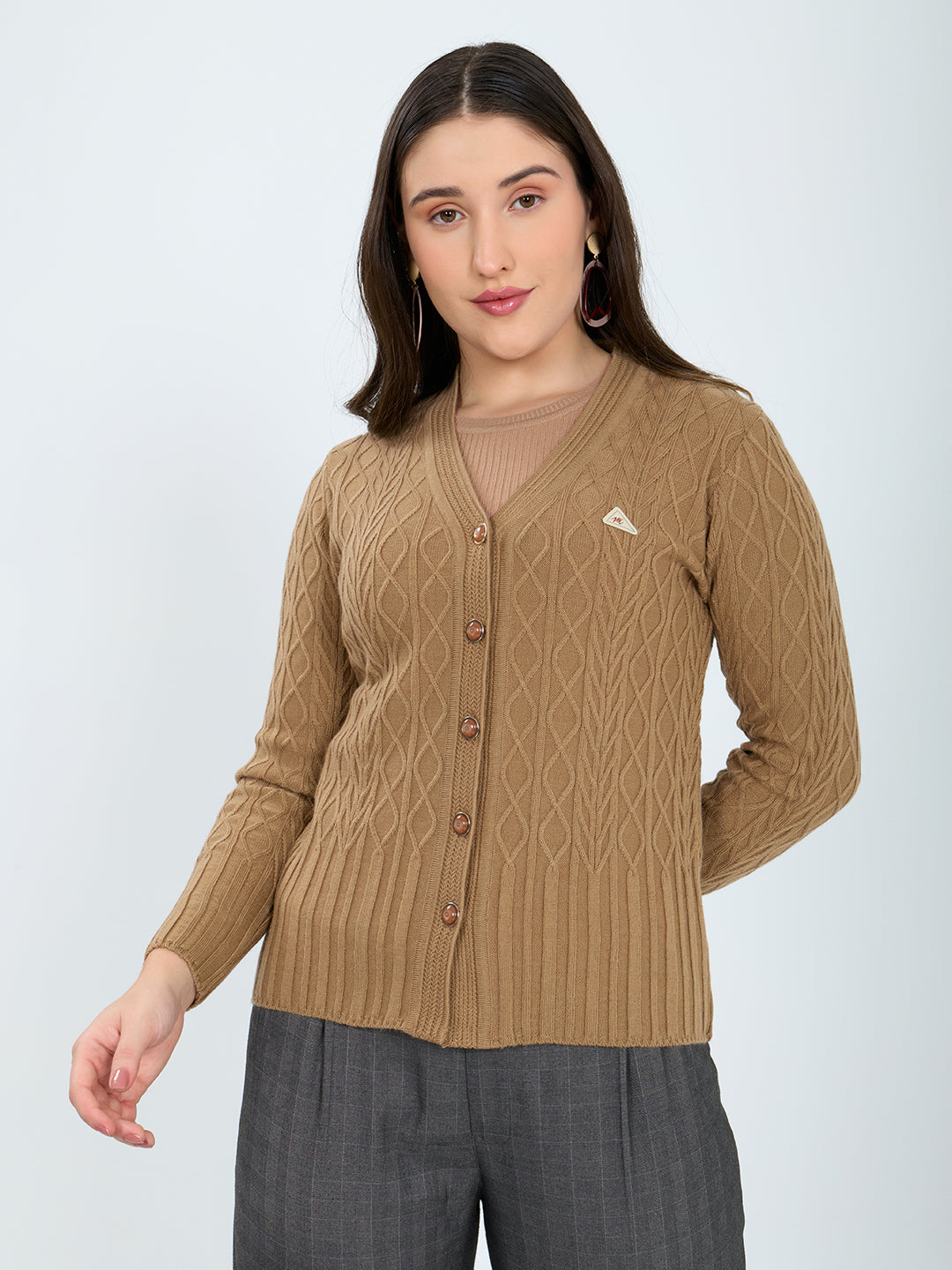 Women Camel Brown Self Design V Neck Full Sleeve Cardigan