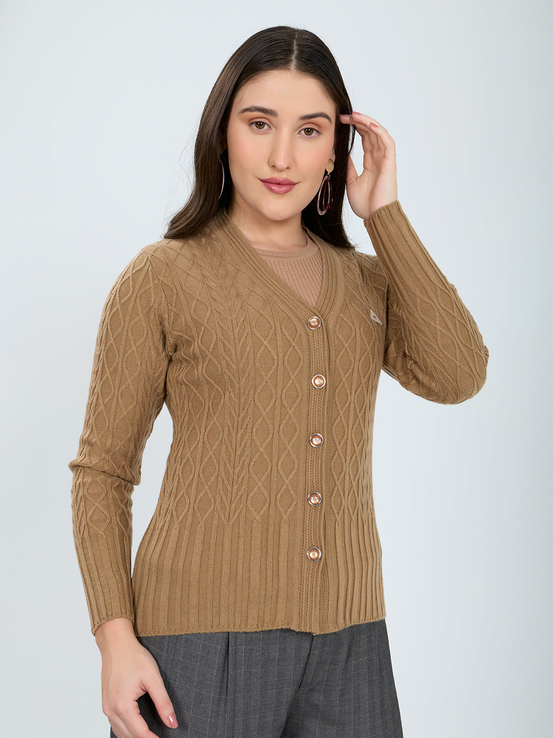 Women Camel Brown Self Design V Neck Full Sleeve Cardigan