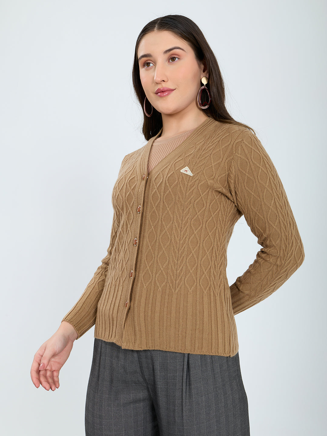 Women Camel Brown Self Design V Neck Full Sleeve Cardigan