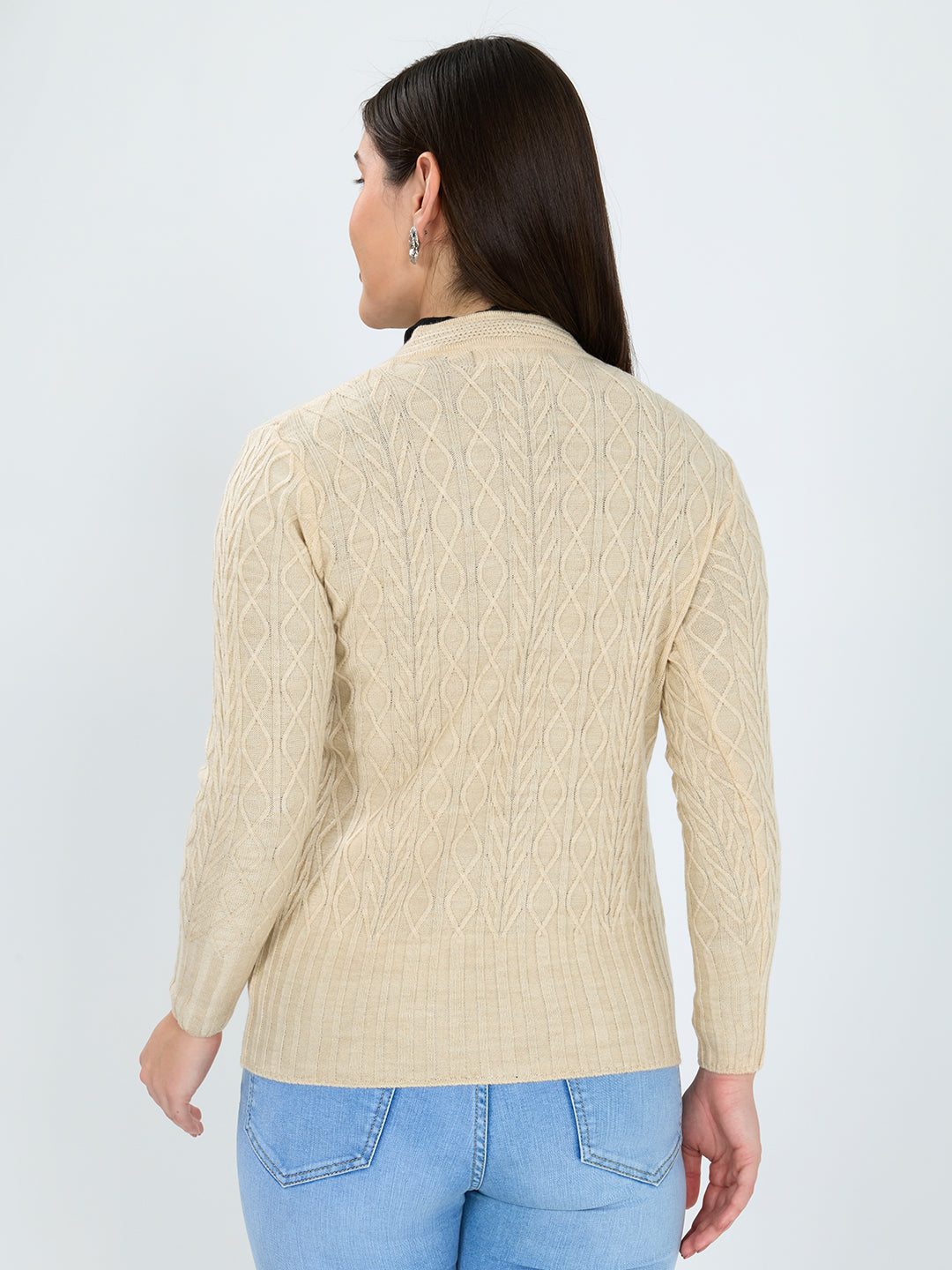 Women Beige Self Design V Neck Full Sleeve Cardigan
