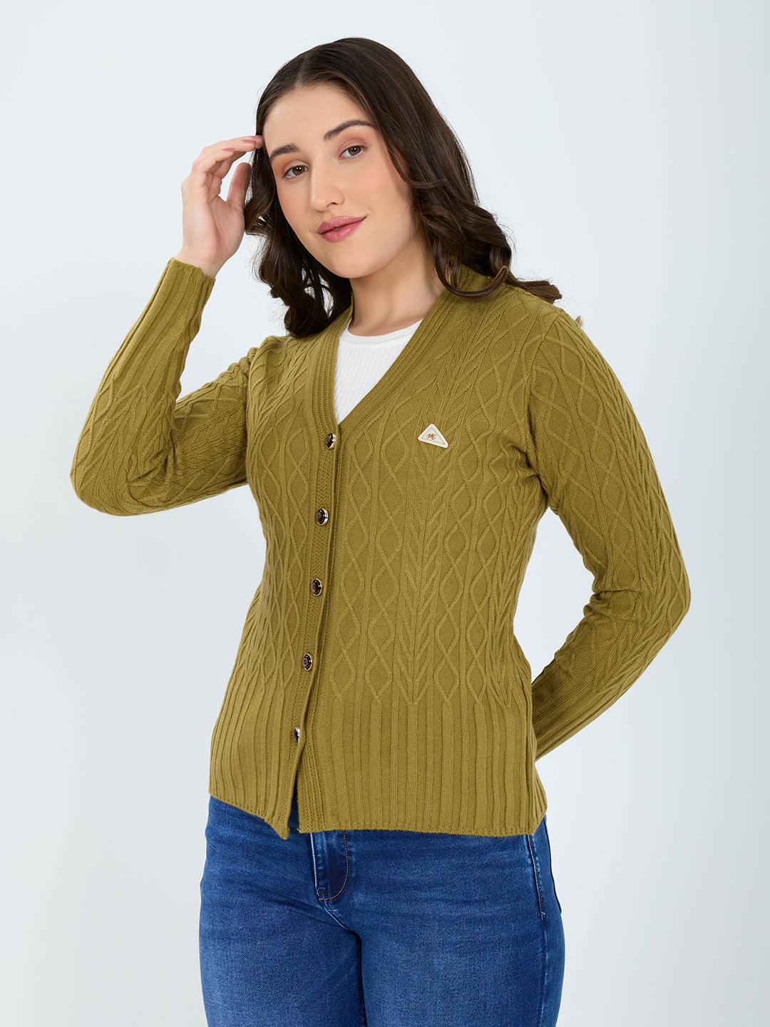 Women Olive Self Design V Neck Full Sleeve Cardigan