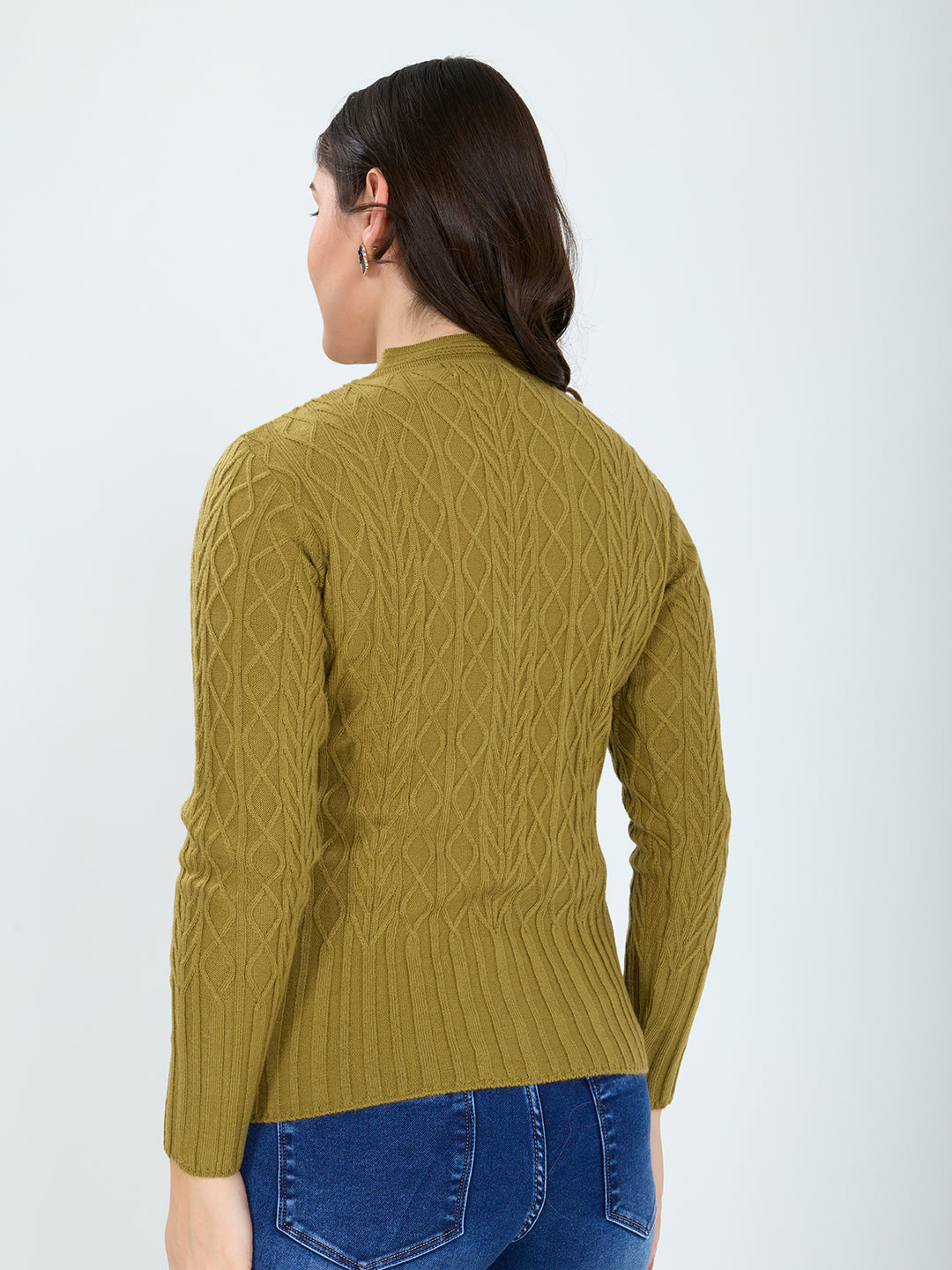 Women Olive Self Design V Neck Full Sleeve Cardigan
