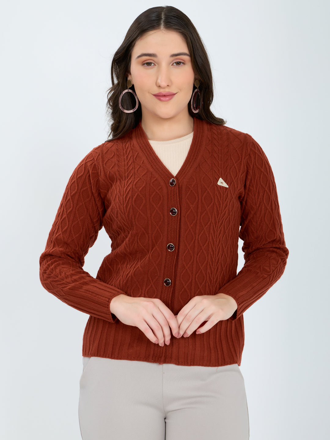 Women Red Self Design V Neck Full Sleeve Cardigan