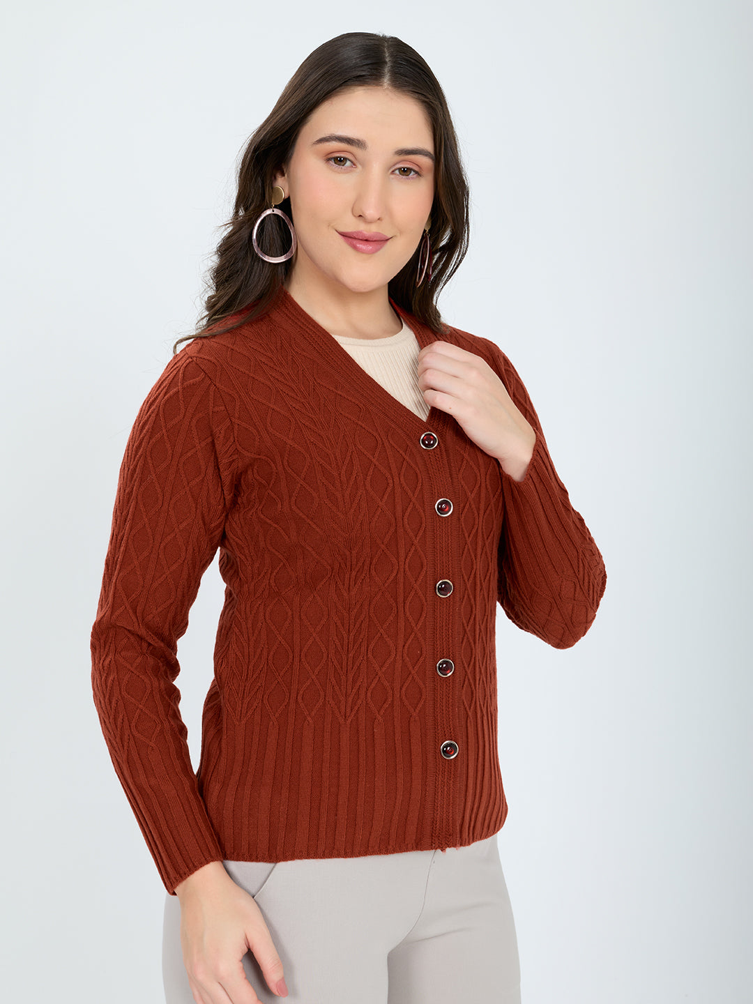 Women Red Self Design V Neck Full Sleeve Cardigan