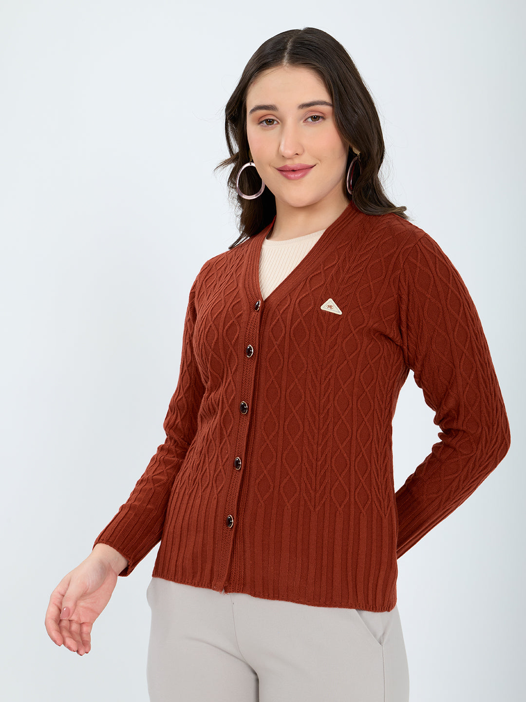 Women Red Self Design V Neck Full Sleeve Cardigan
