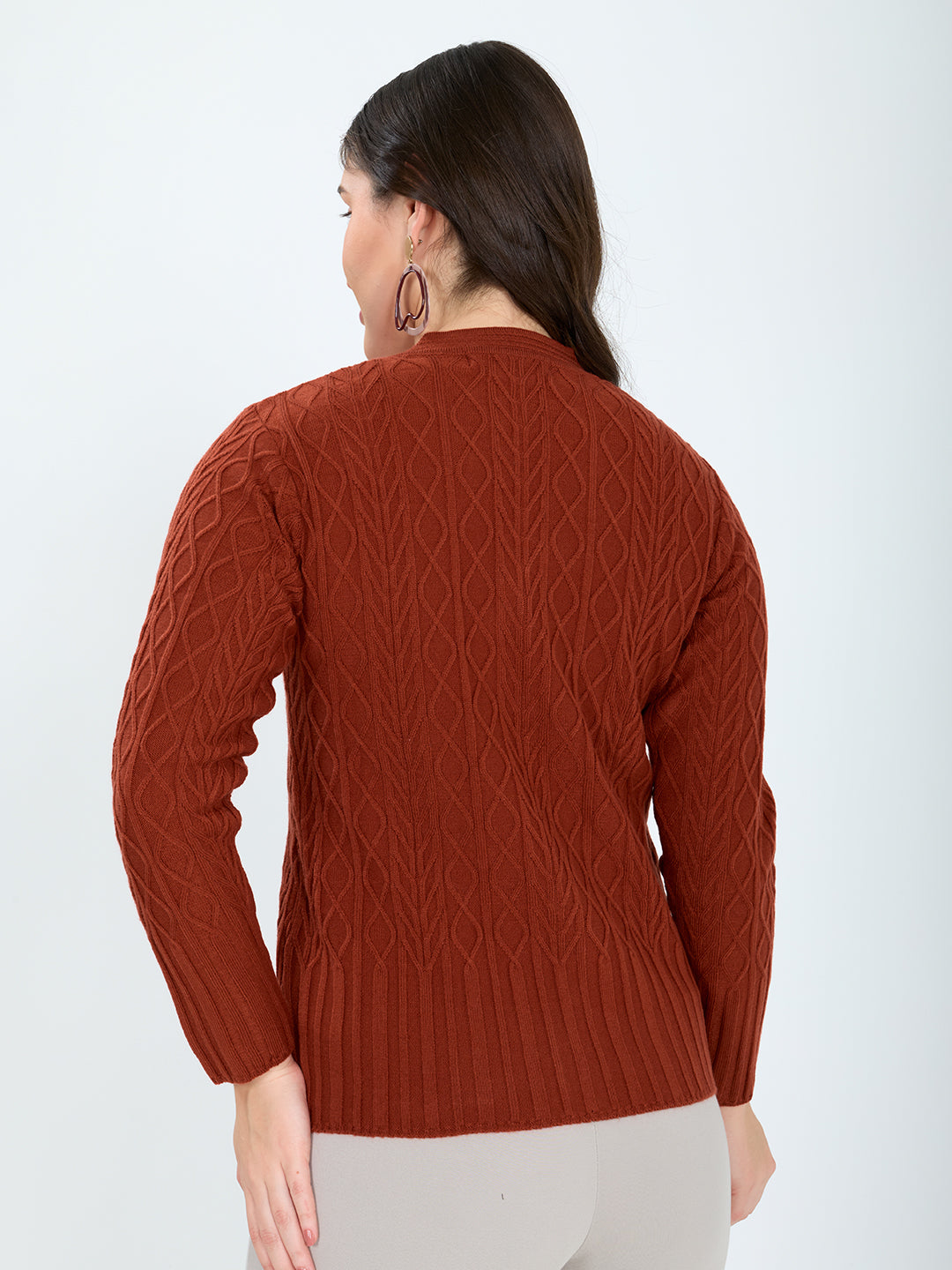 Women Red Self Design V Neck Full Sleeve Cardigan