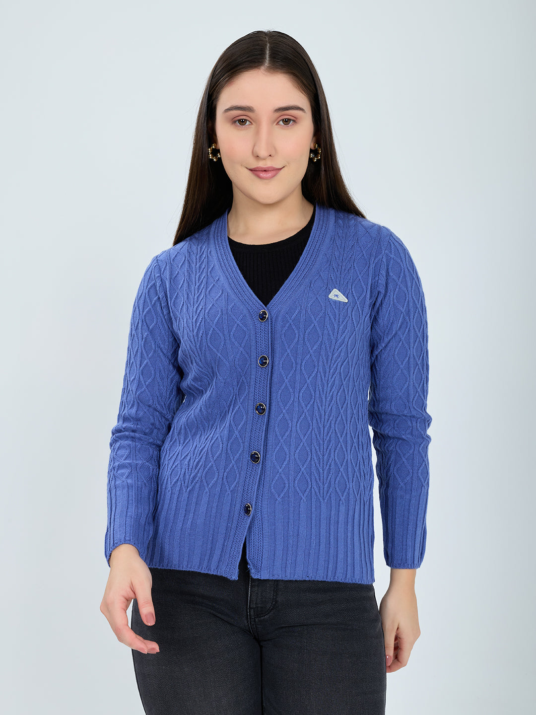 Women Blue Self Design V Neck Full Sleeve Cardigan