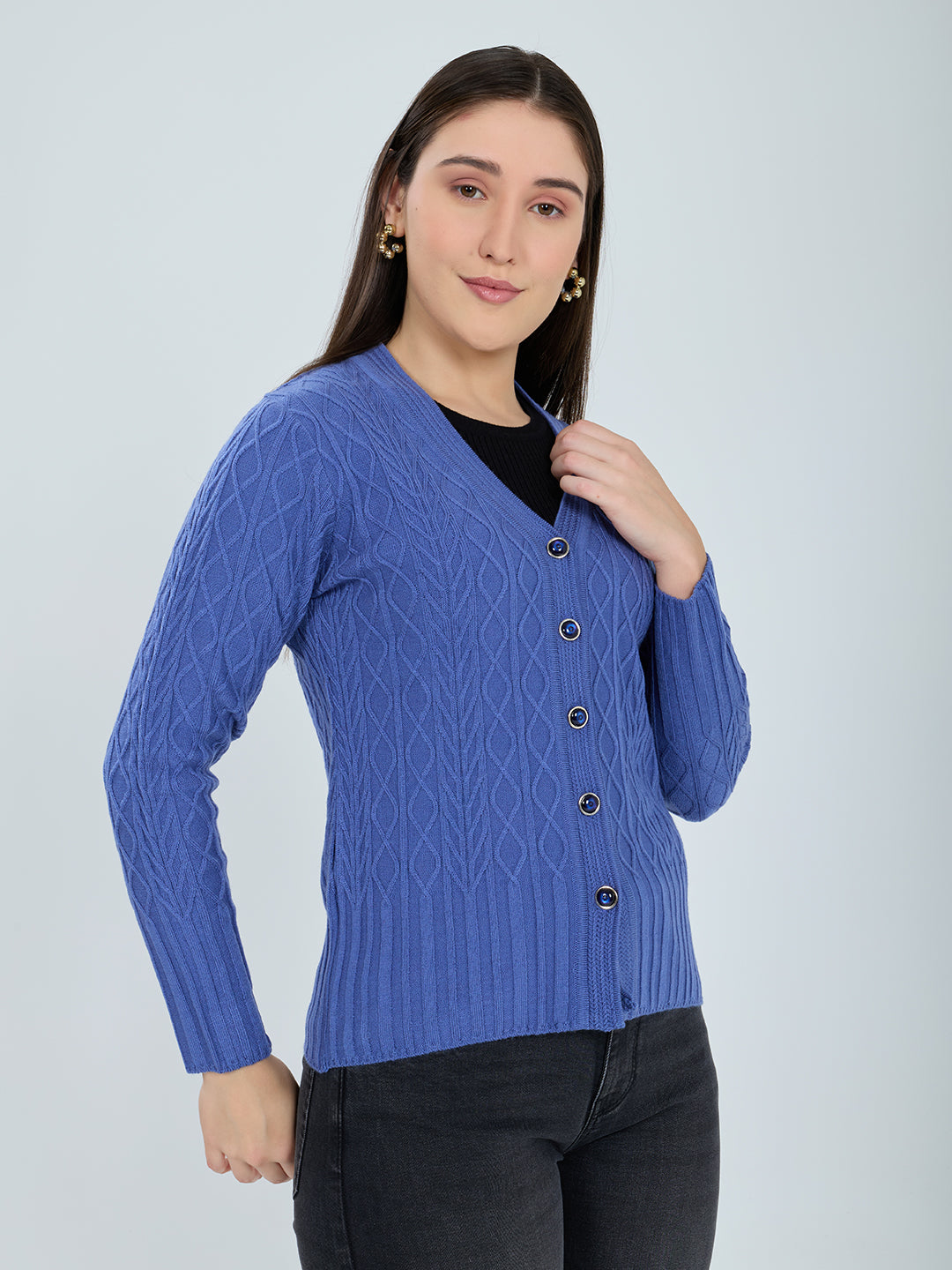 Women Blue Self Design V Neck Full Sleeve Cardigan