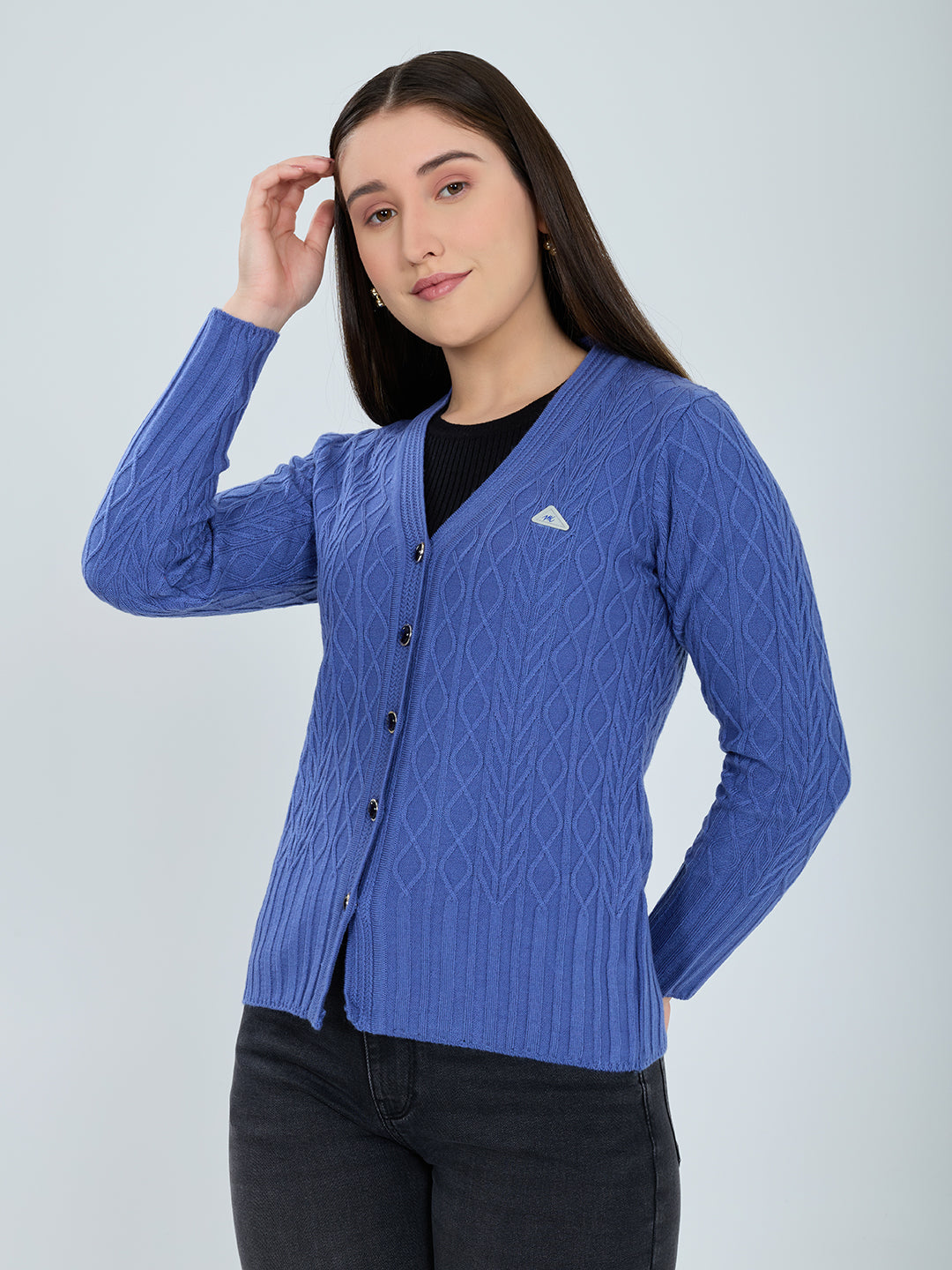 Women Blue Self Design V Neck Full Sleeve Cardigan