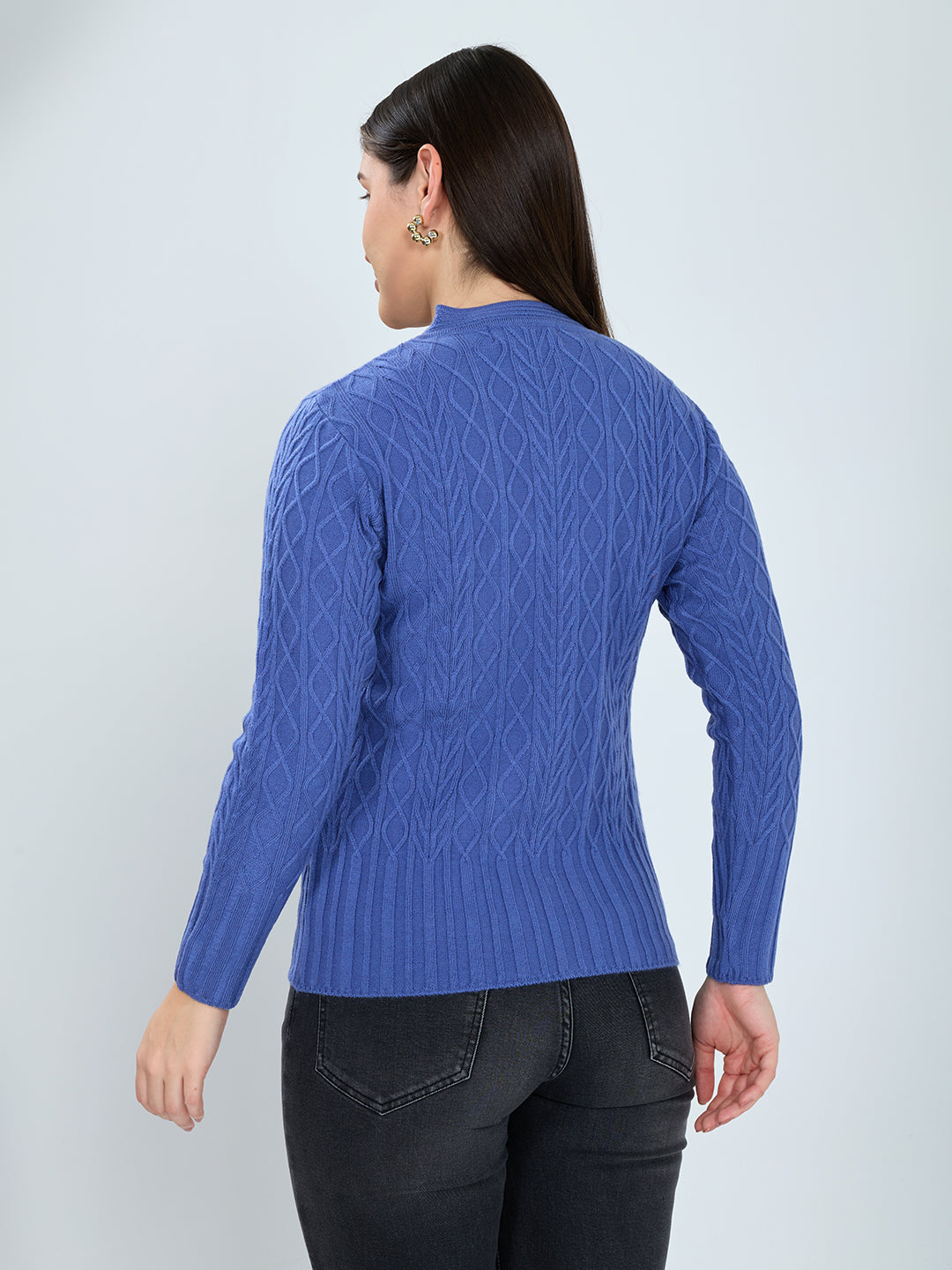 Women Blue Self Design V Neck Full Sleeve Cardigan