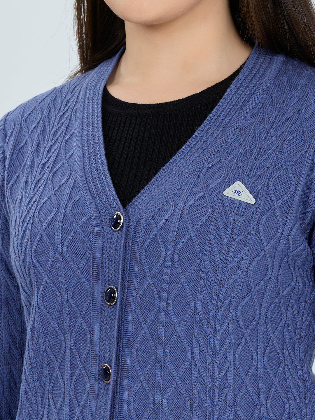Women Blue Self Design V Neck Full Sleeve Cardigan