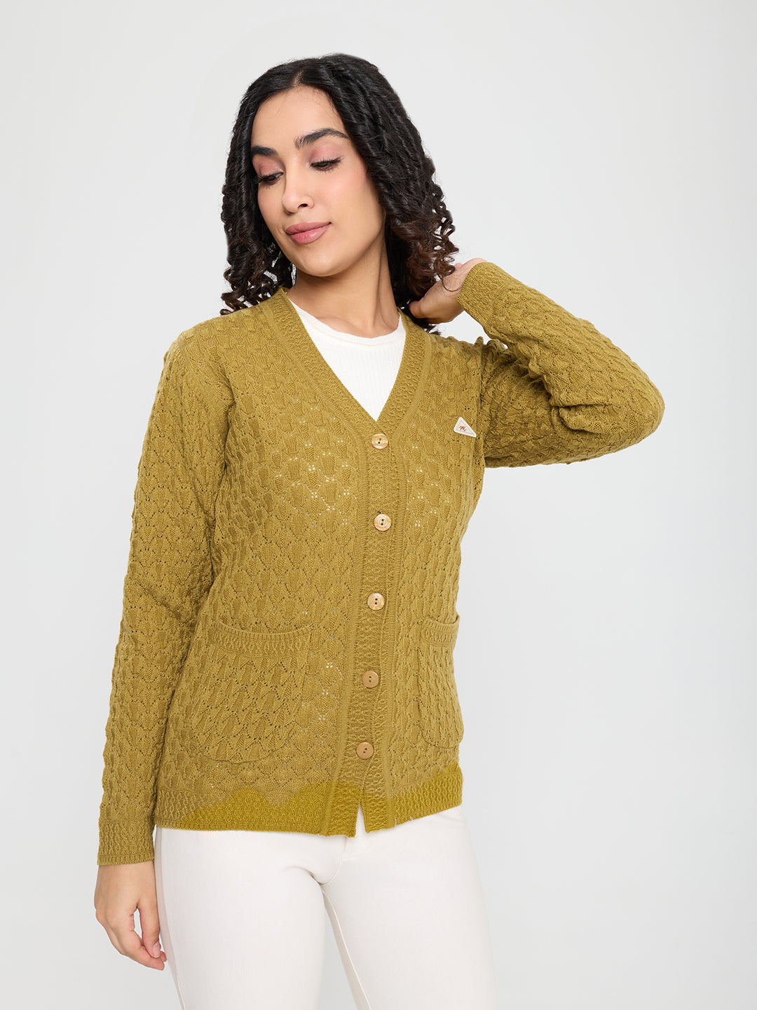 Women Mustard Self Design V Neck Full Sleeve Cardigan