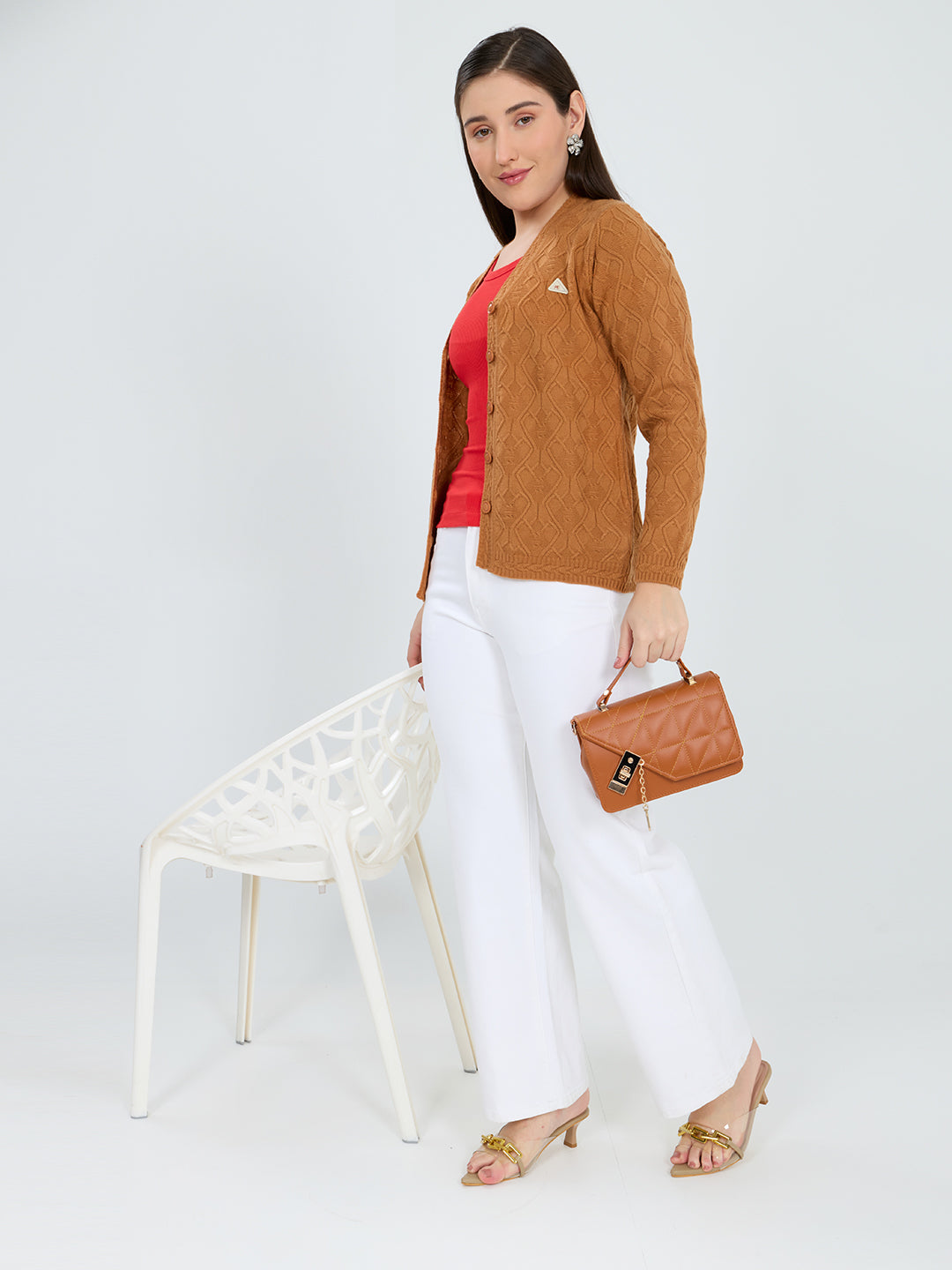 Women Mustard Self Design V Neck Full Sleeve Cardigan