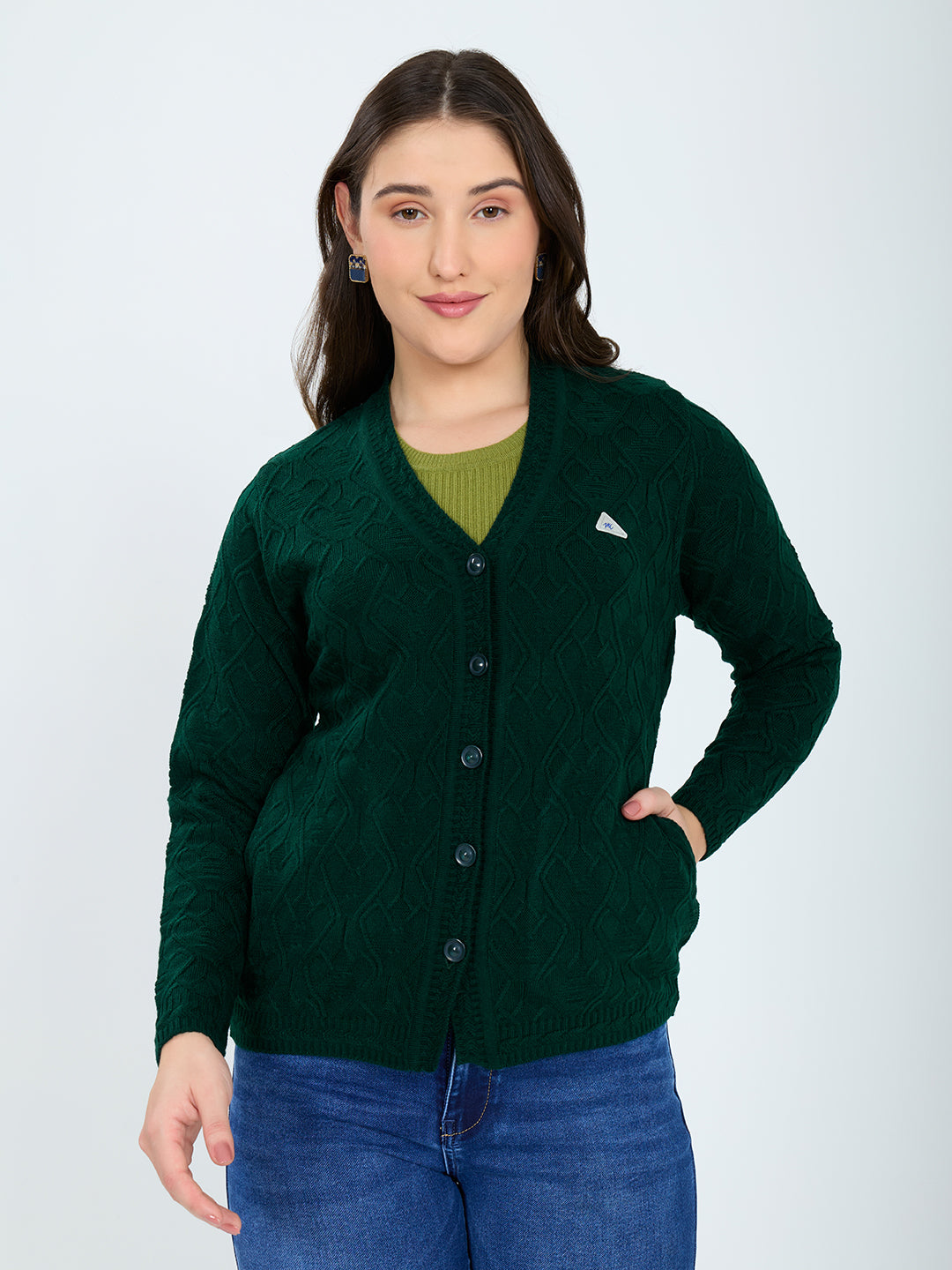 Women Green Self Design V Neck Full Sleeve Cardigan