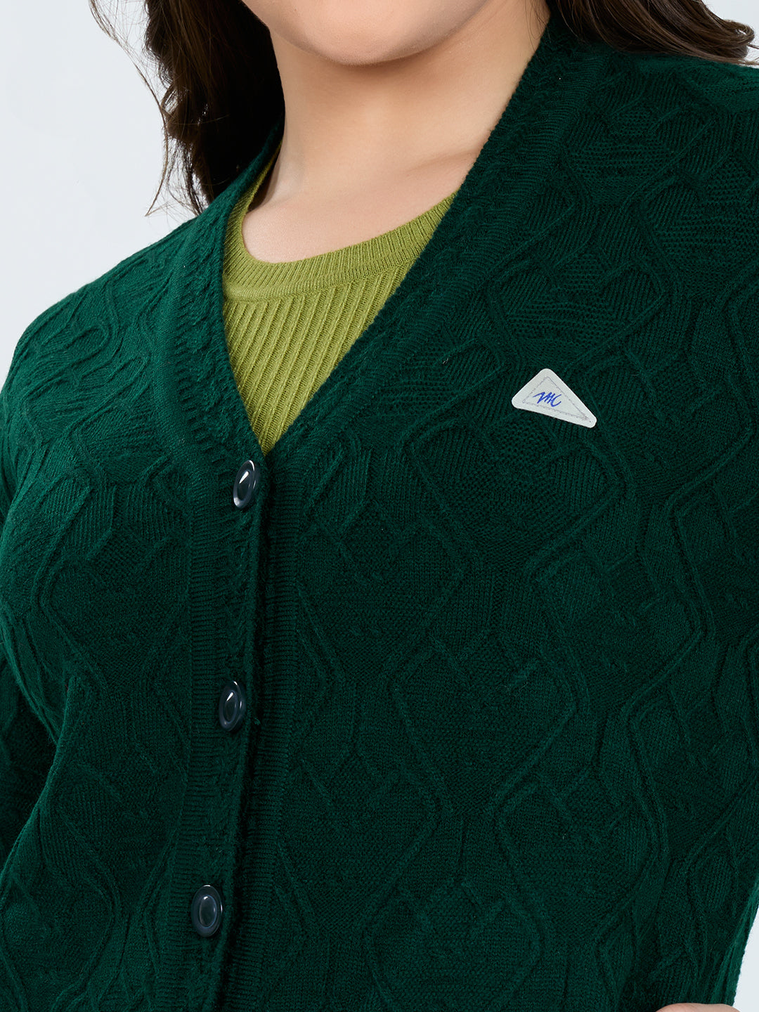 Women Green Self Design V Neck Full Sleeve Cardigan
