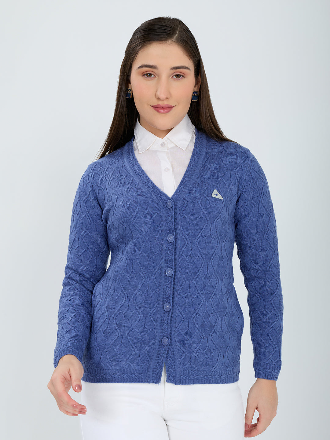 Women Blue Self Design V Neck Full Sleeve Cardigan