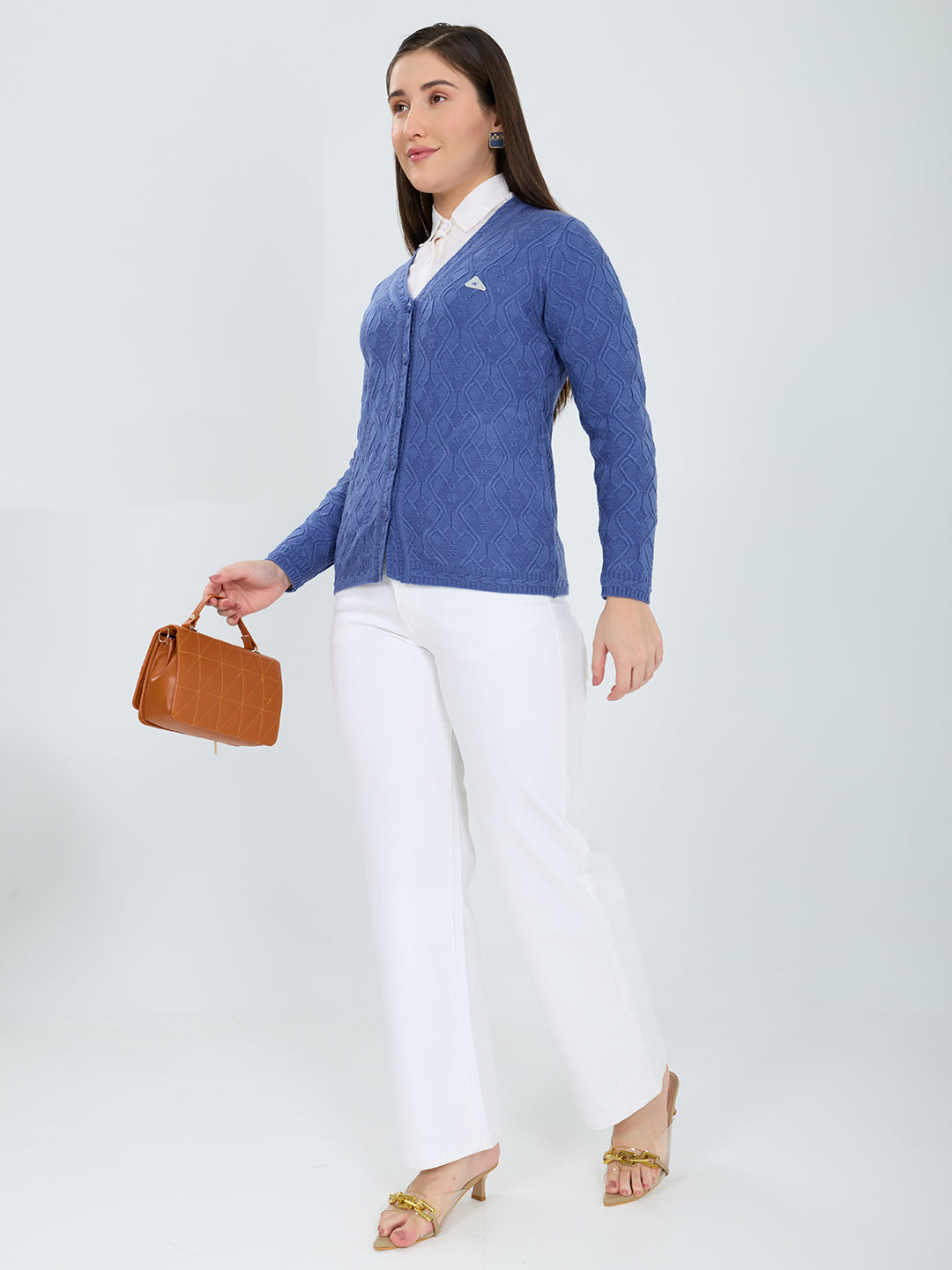 Women Blue Self Design V Neck Full Sleeve Cardigan