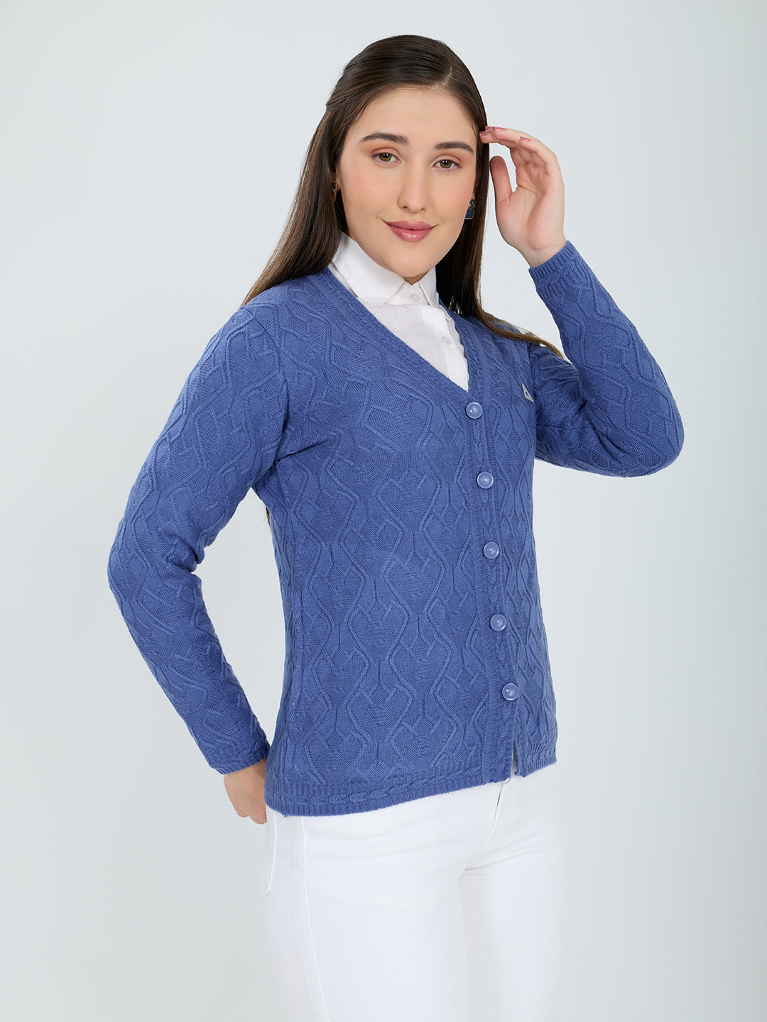 Women Blue Self Design V Neck Full Sleeve Cardigan