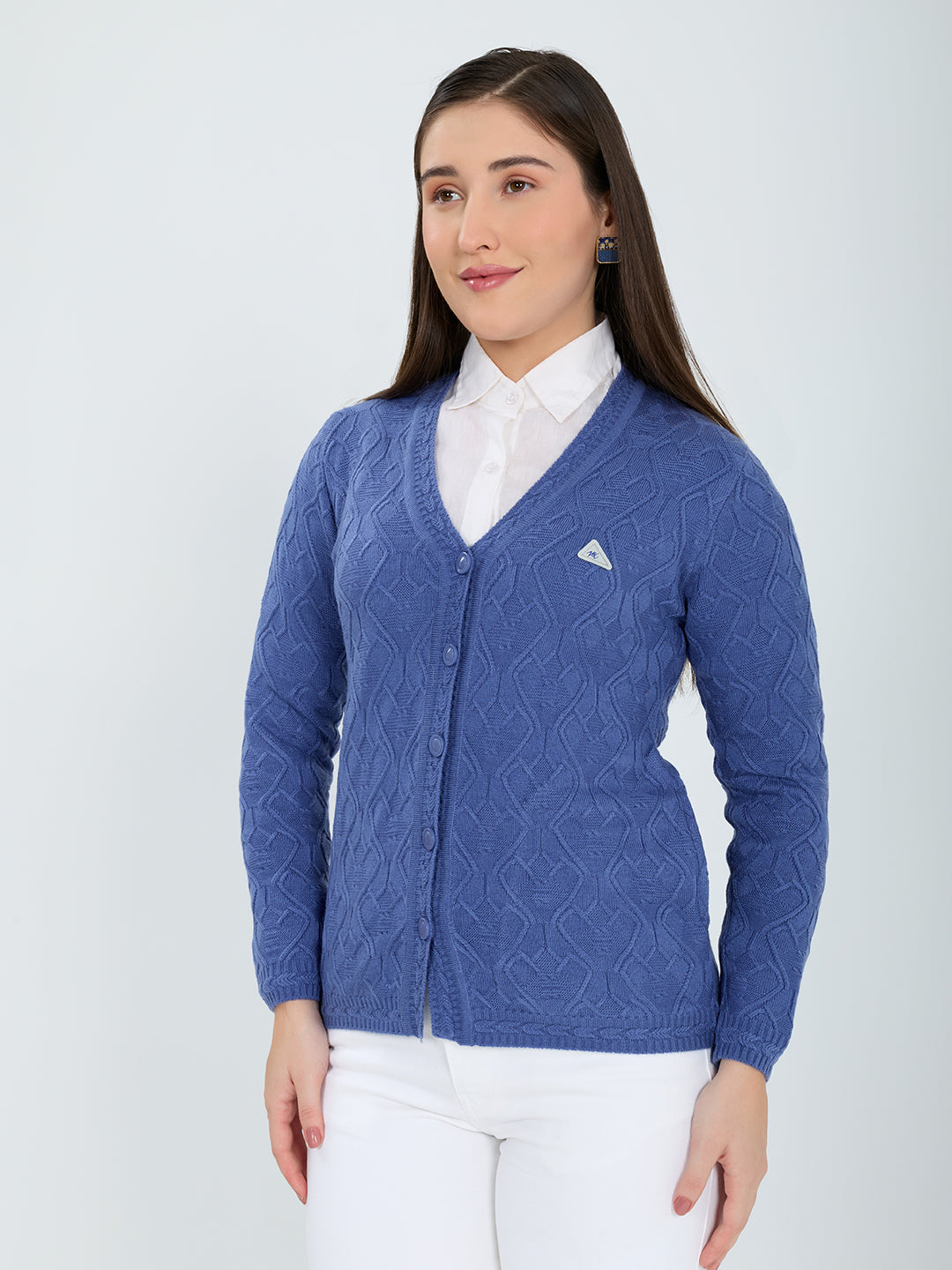 Women Blue Self Design V Neck Full Sleeve Cardigan