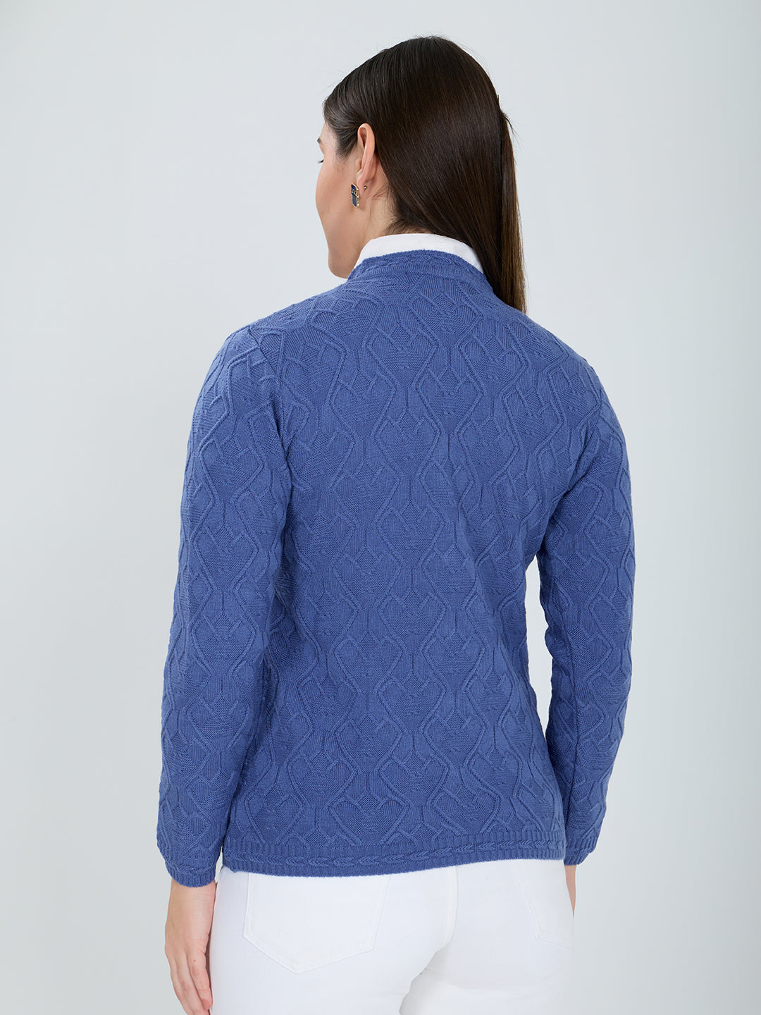 Women Blue Self Design V Neck Full Sleeve Cardigan