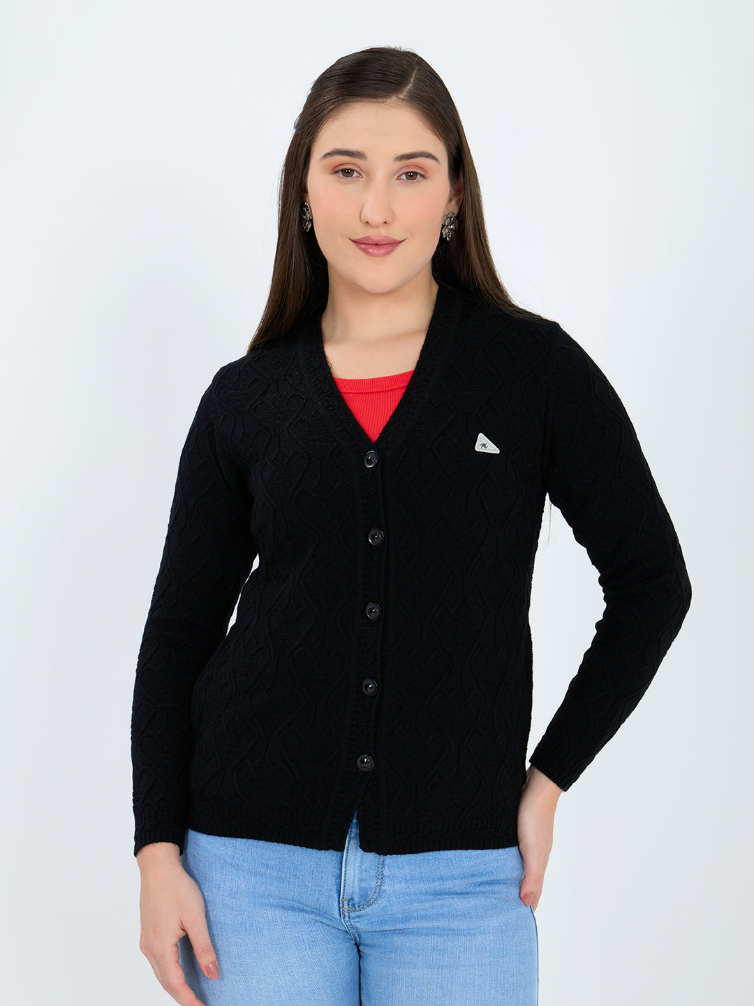 Women Black Self Design V Neck Full Sleeve Cardigan