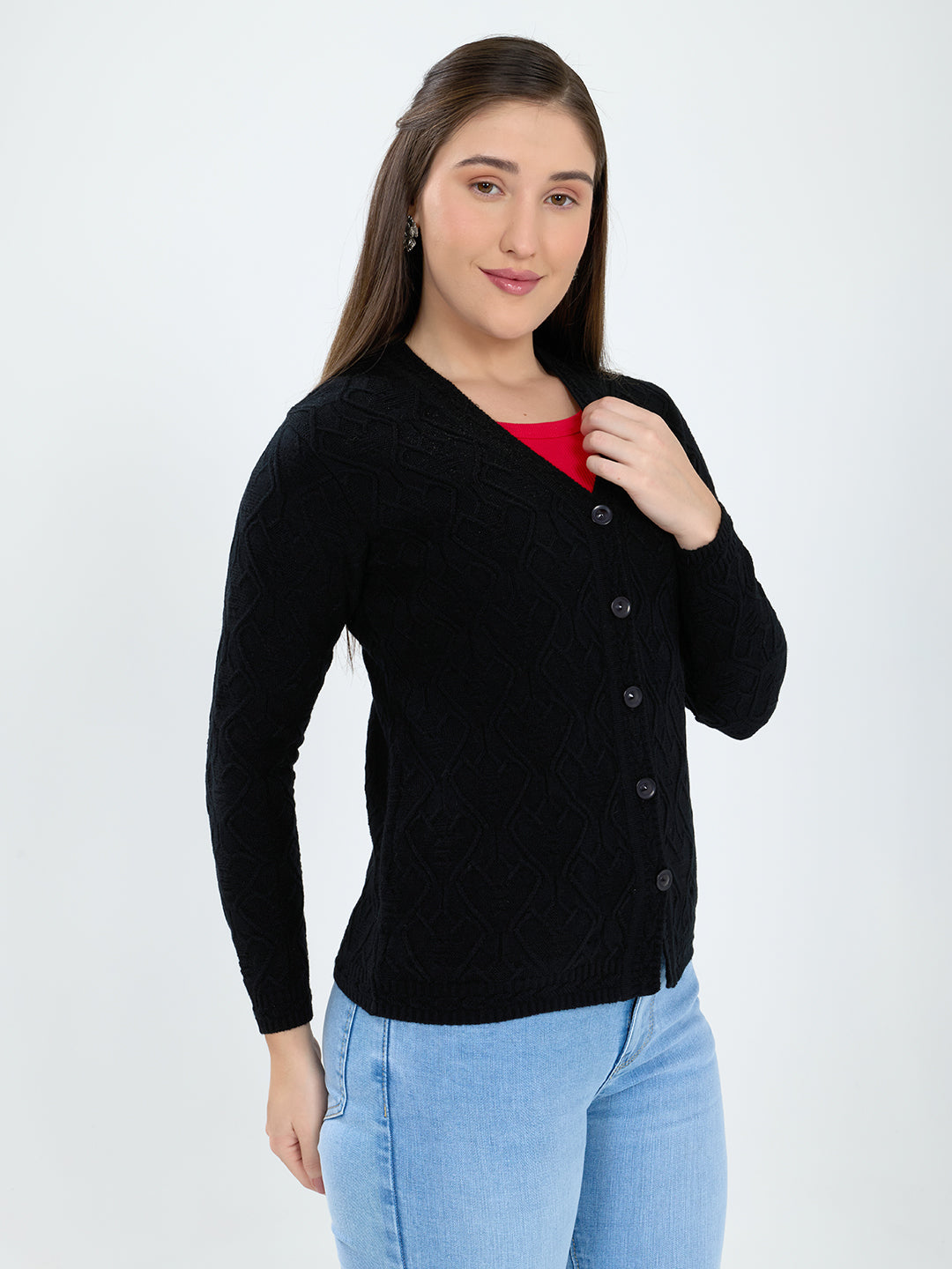 Women Black Self Design V Neck Full Sleeve Cardigan