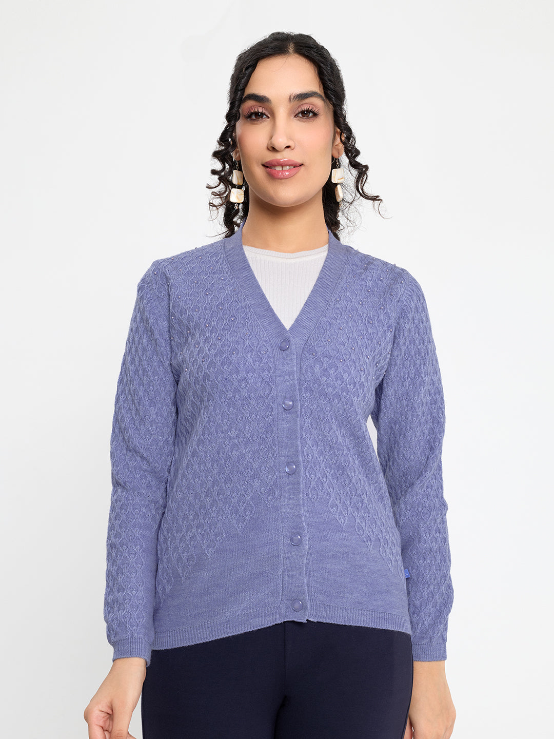 Women Purple Self Design V Neck Full Sleeve Cardigan