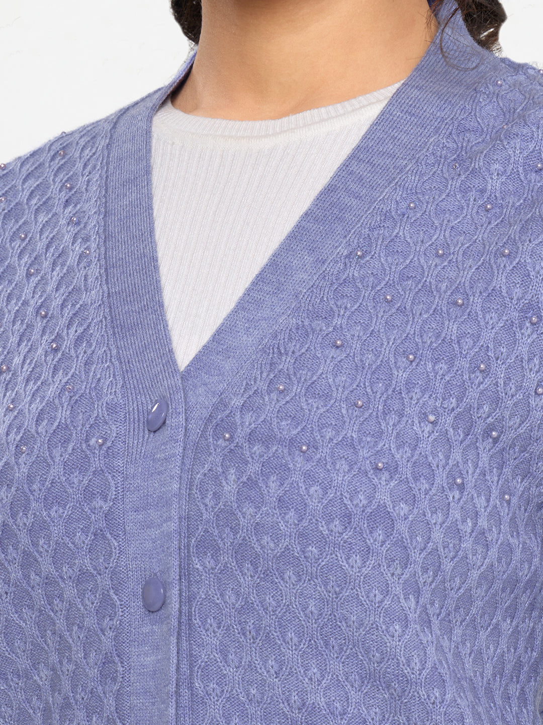Women Purple Self Design V Neck Full Sleeve Cardigan