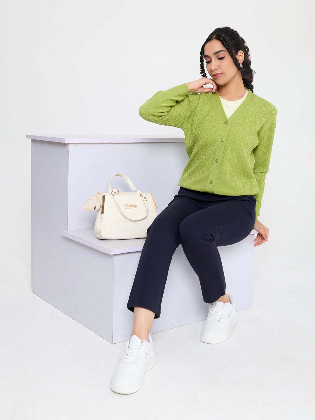 Women Light Green Self Design V Neck Full Sleeve Cardigan