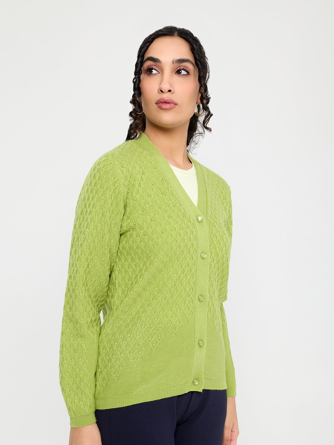Women Light Green Self Design V Neck Full Sleeve Cardigan