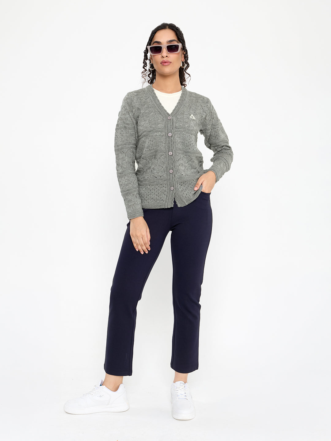 Women Grey Self Design V Neck Full Sleeve Cardigan