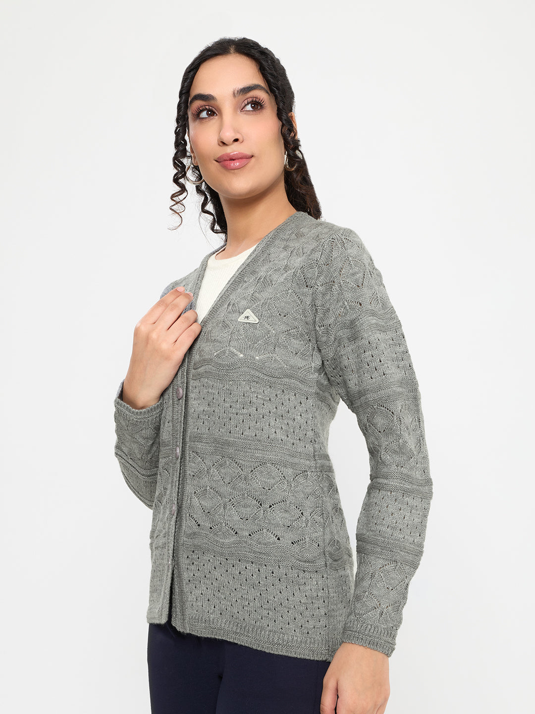 Women Grey Self Design V Neck Full Sleeve Cardigan