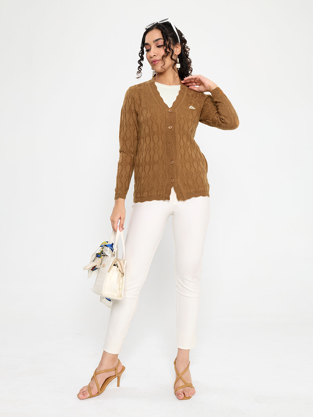 Women Camel Brown Self Design V Neck Full Sleeve Cardigan