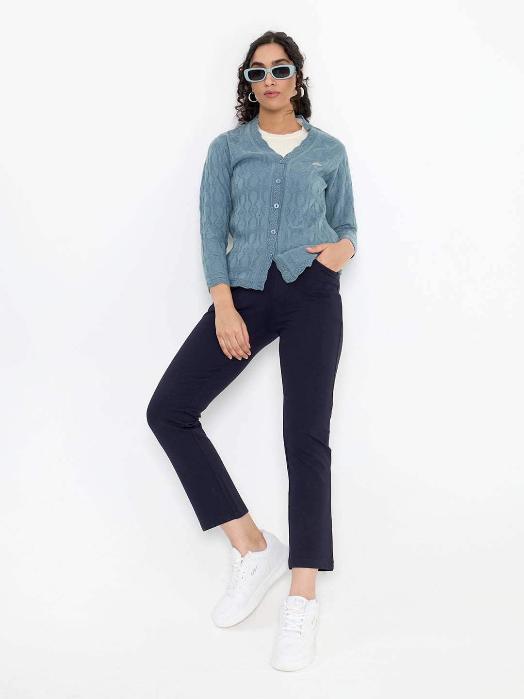 Women Blue Self Design V Neck Full Sleeve Cardigan