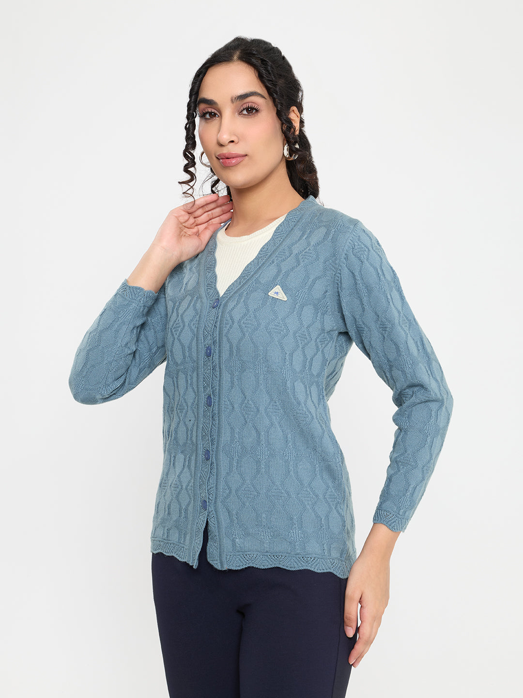 Women Blue Self Design V Neck Full Sleeve Cardigan