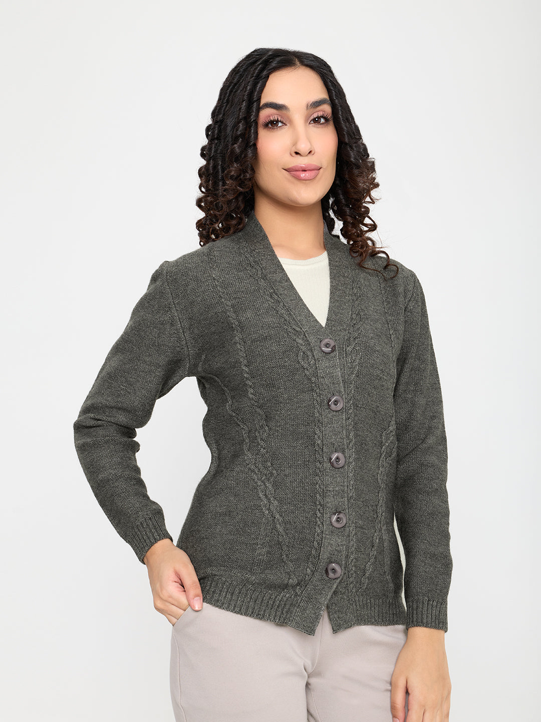 Women Grey Self Design V Neck Full Sleeve Cardigan