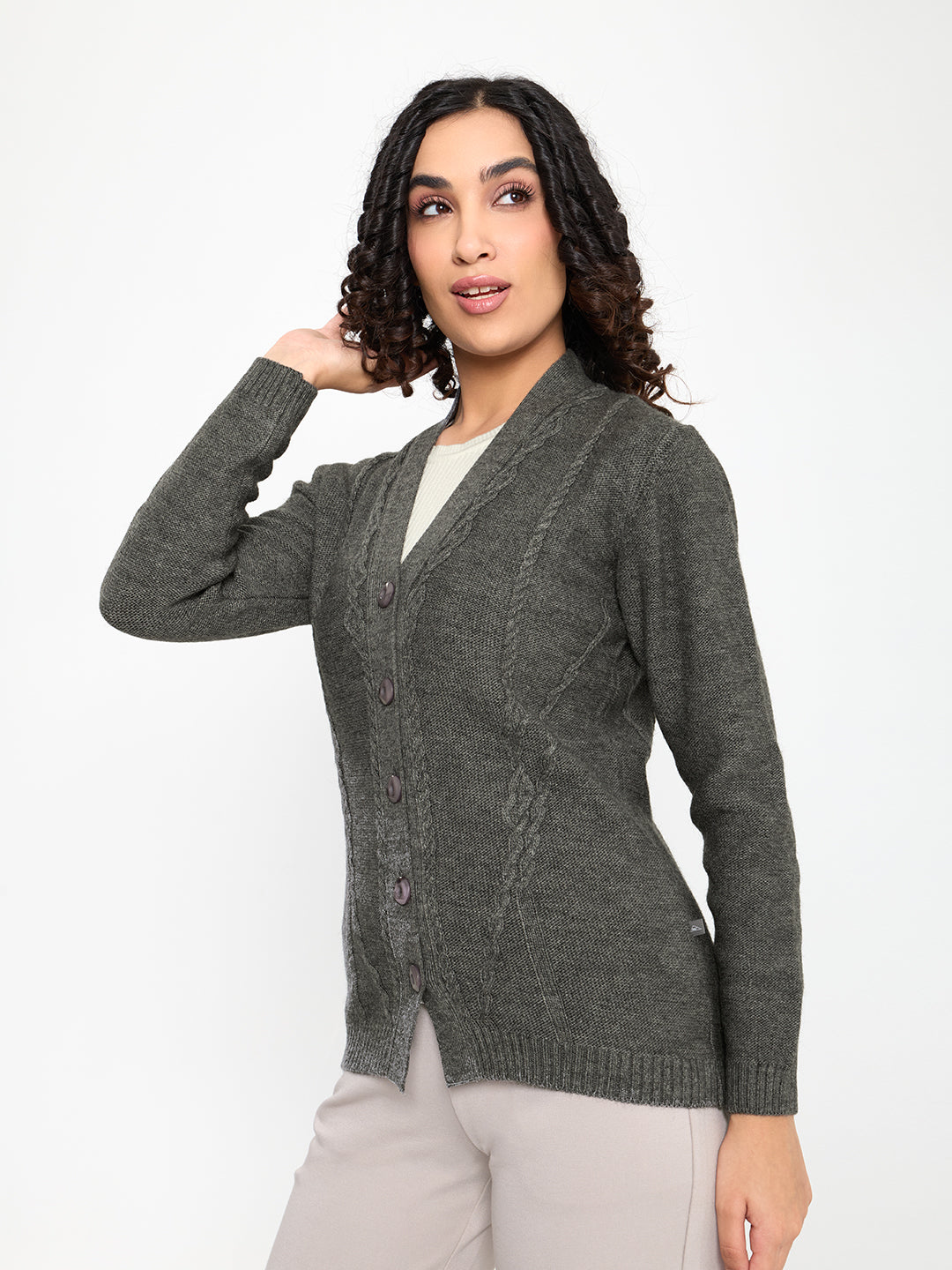 Women Grey Self Design V Neck Full Sleeve Cardigan