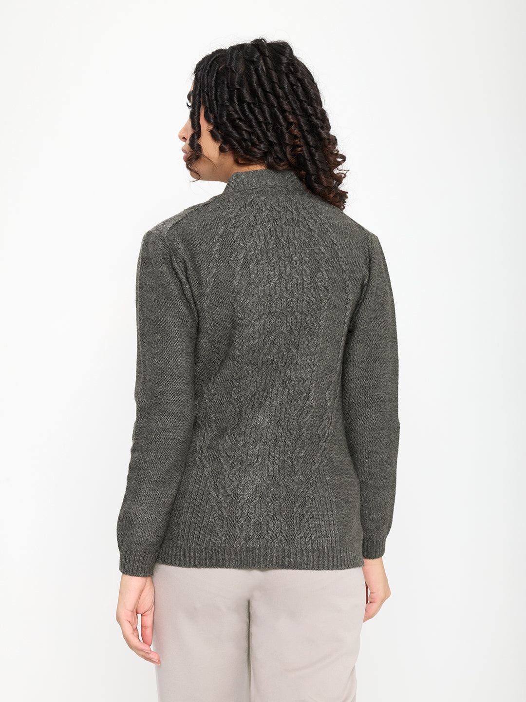 Women Grey Self Design V Neck Full Sleeve Cardigan
