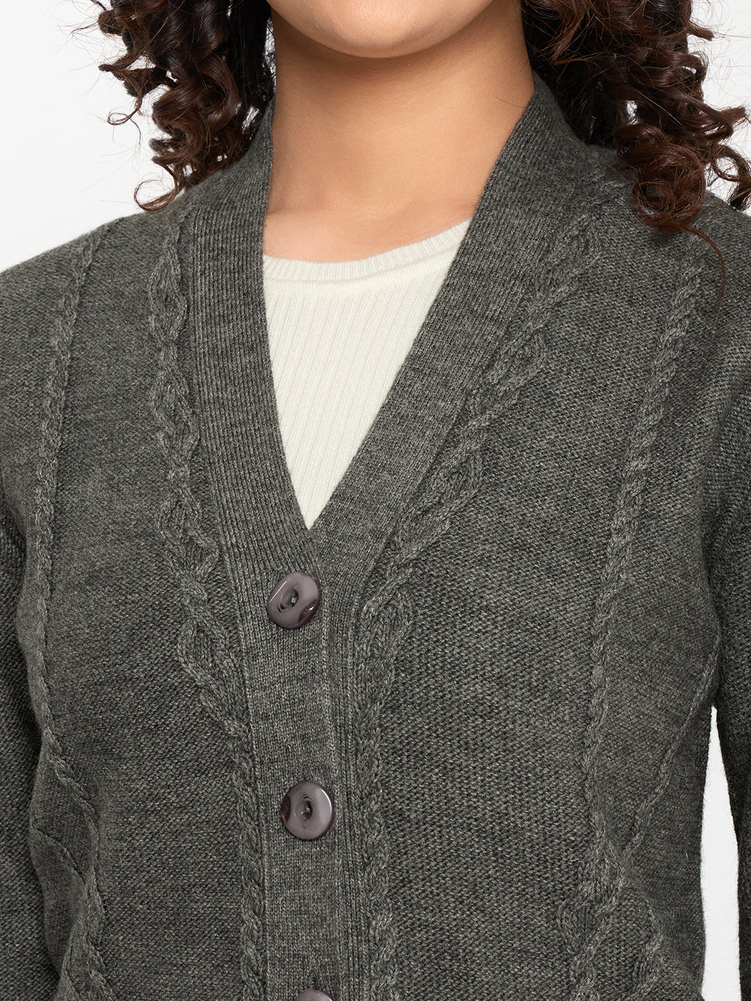 Women Grey Self Design V Neck Full Sleeve Cardigan