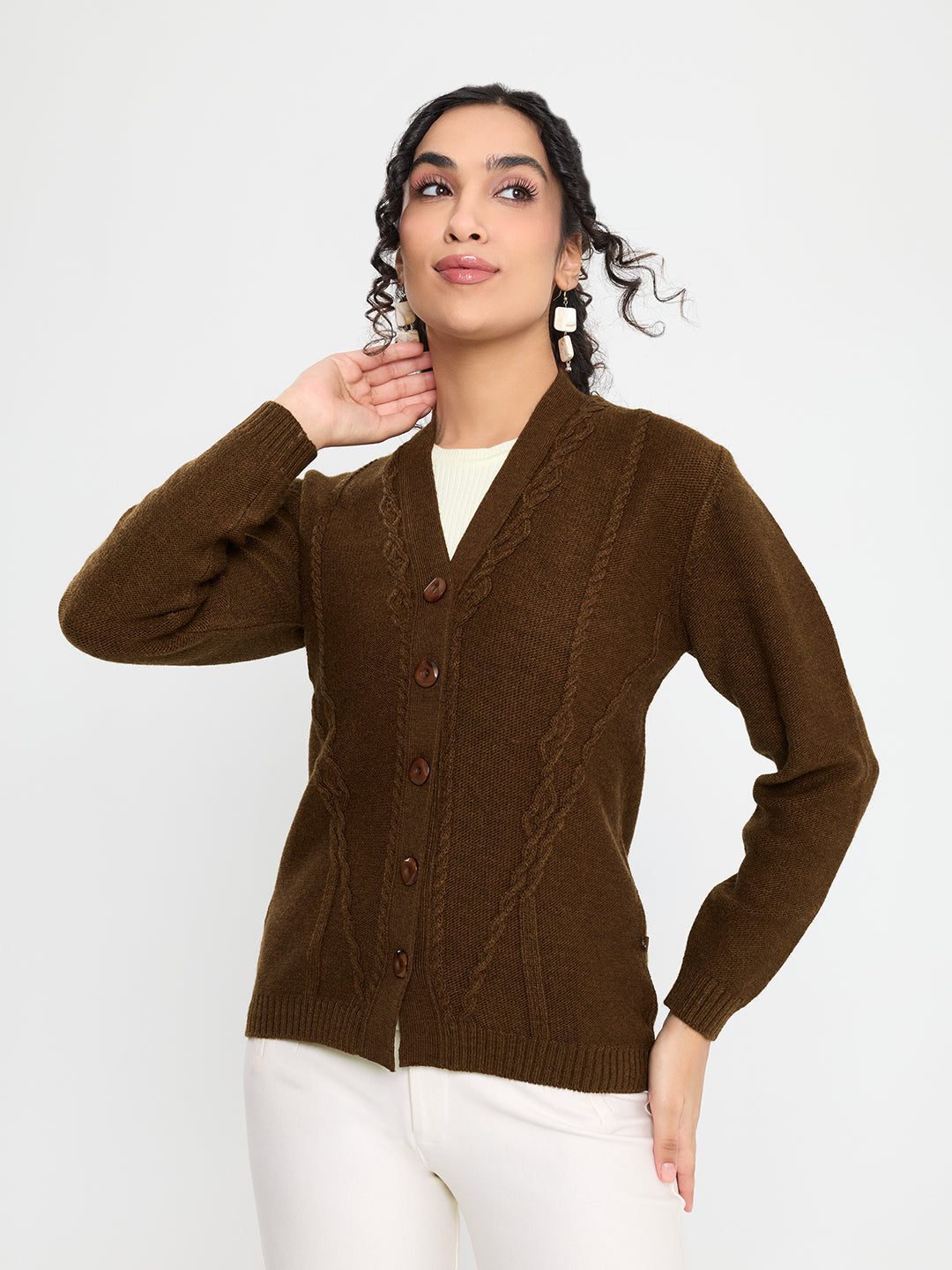 Women Brown Self Design V Neck Full Sleeve Cardigan