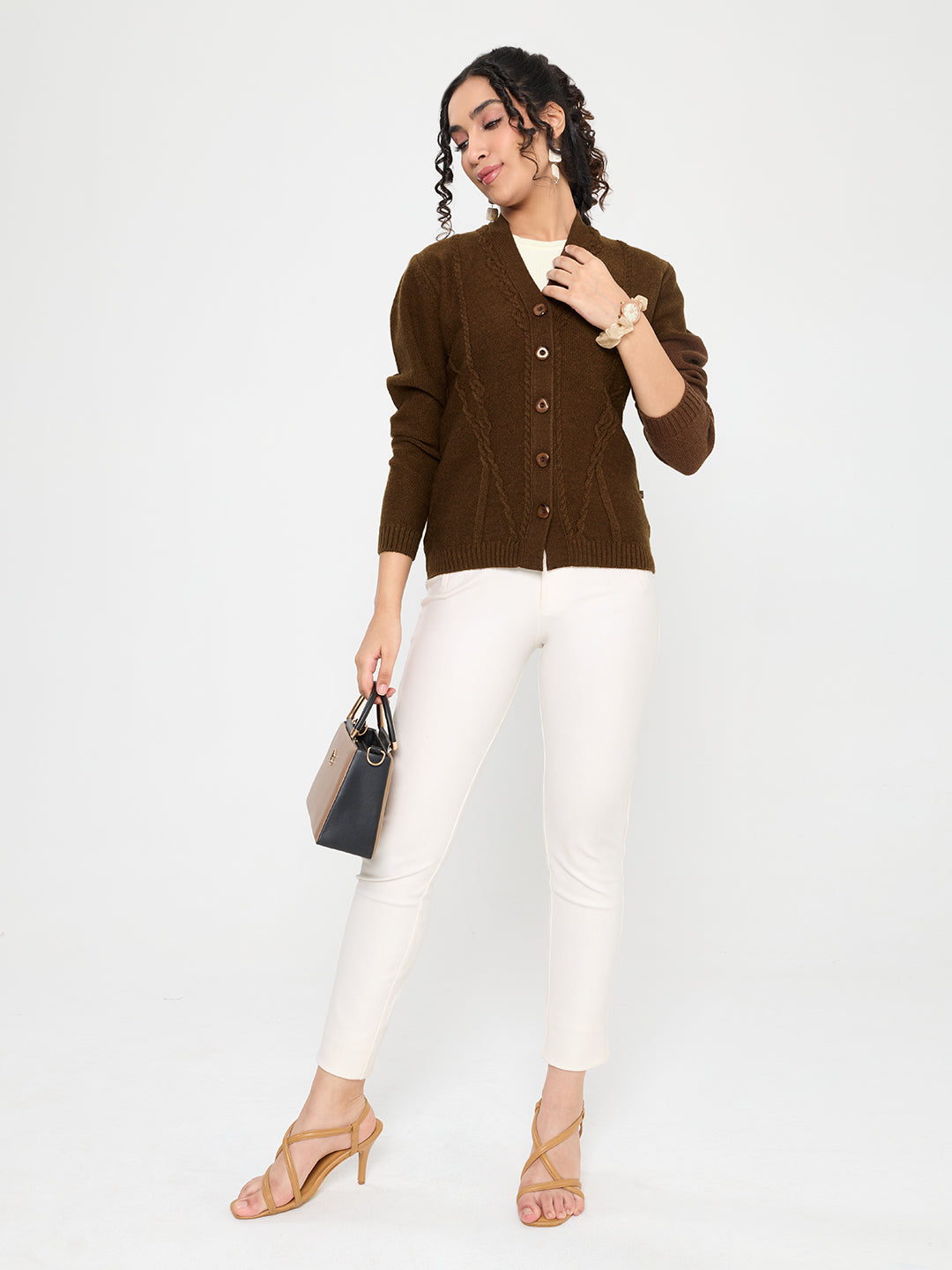 Women Brown Self Design V Neck Full Sleeve Cardigan